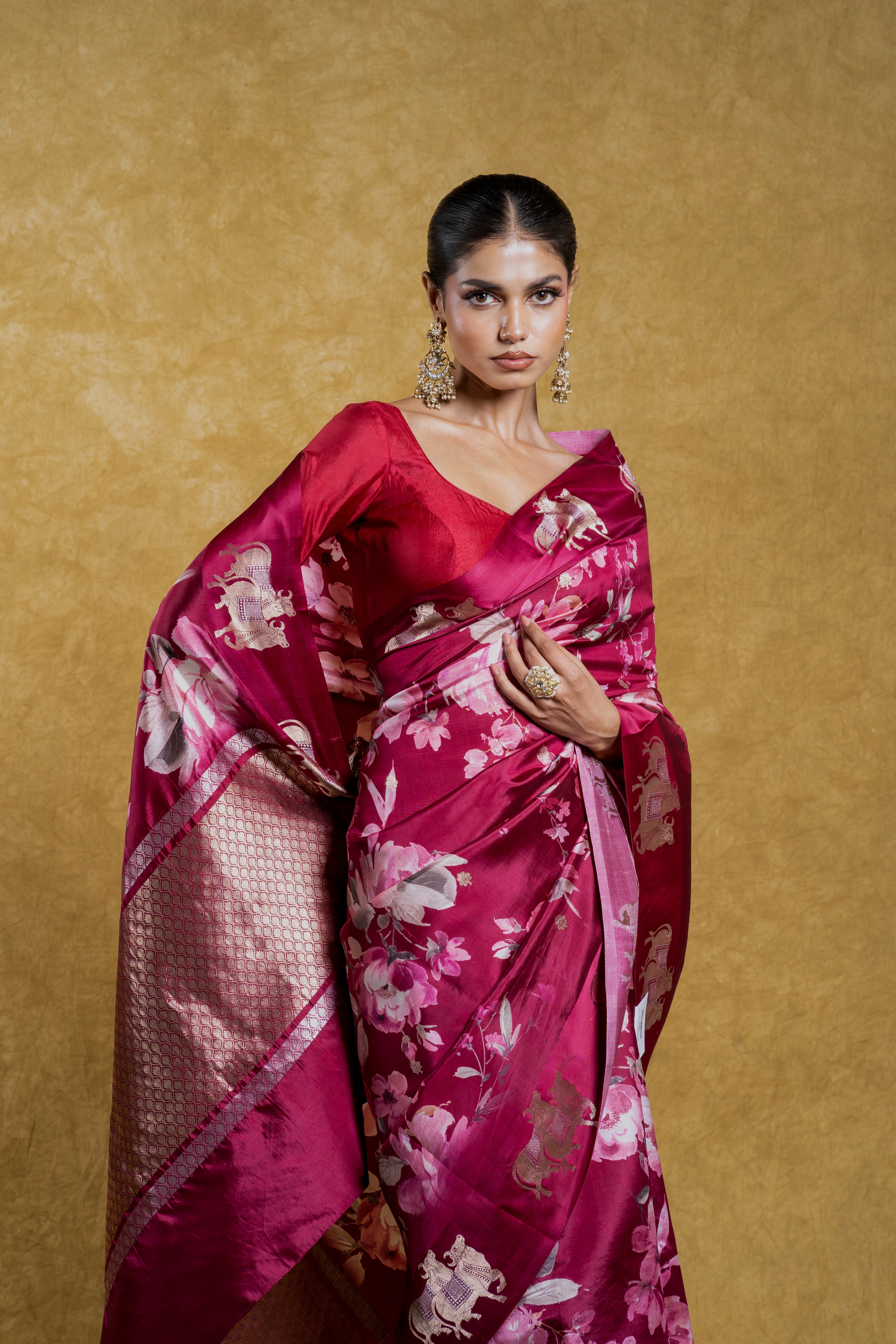 Maroon Soft Banaras Silk Saree with Floral Print and Zari Border Mokshaa