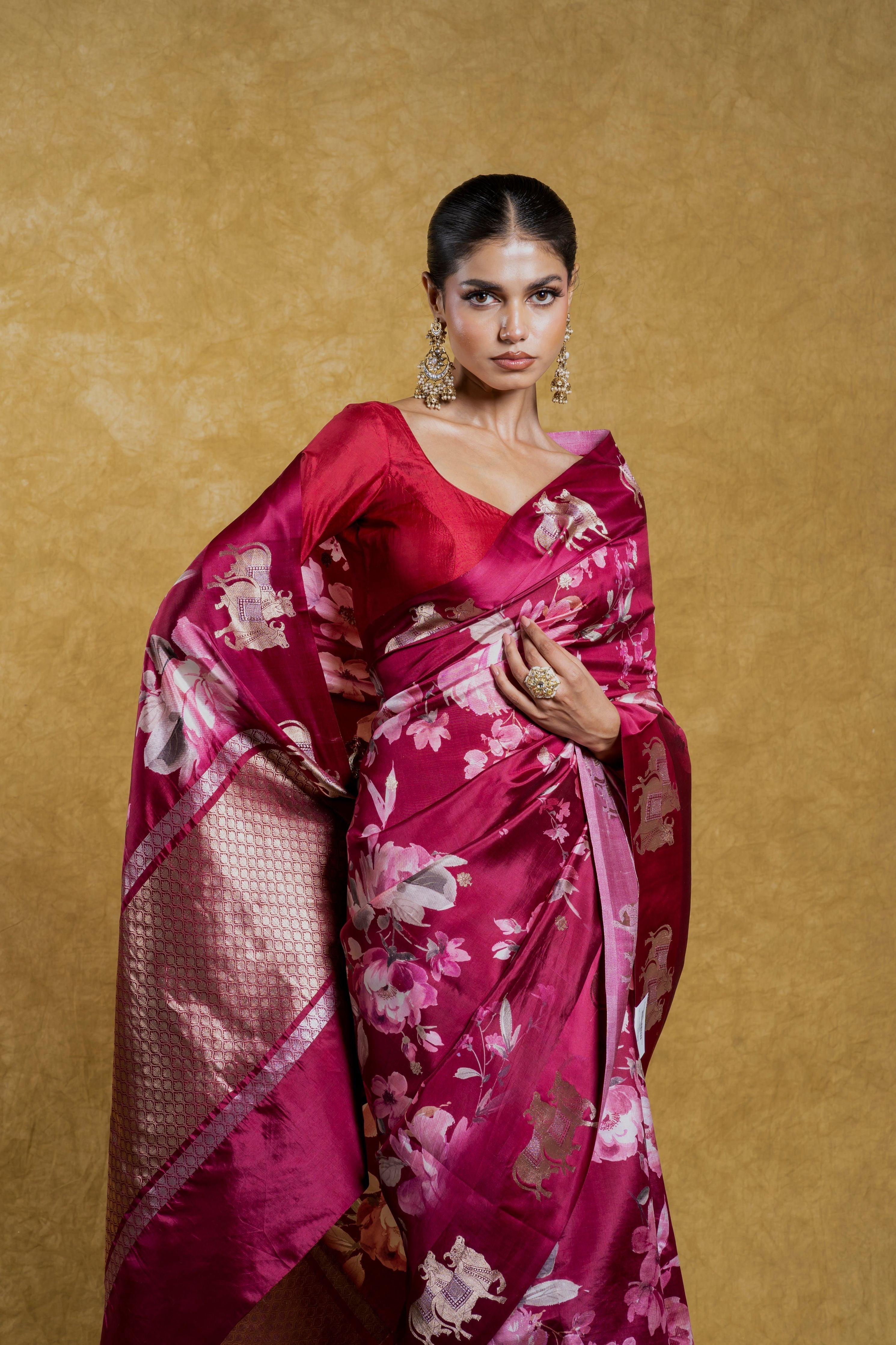 Maroon Soft Banaras Silk Saree with Floral Print and Zari Border  Mokshaa