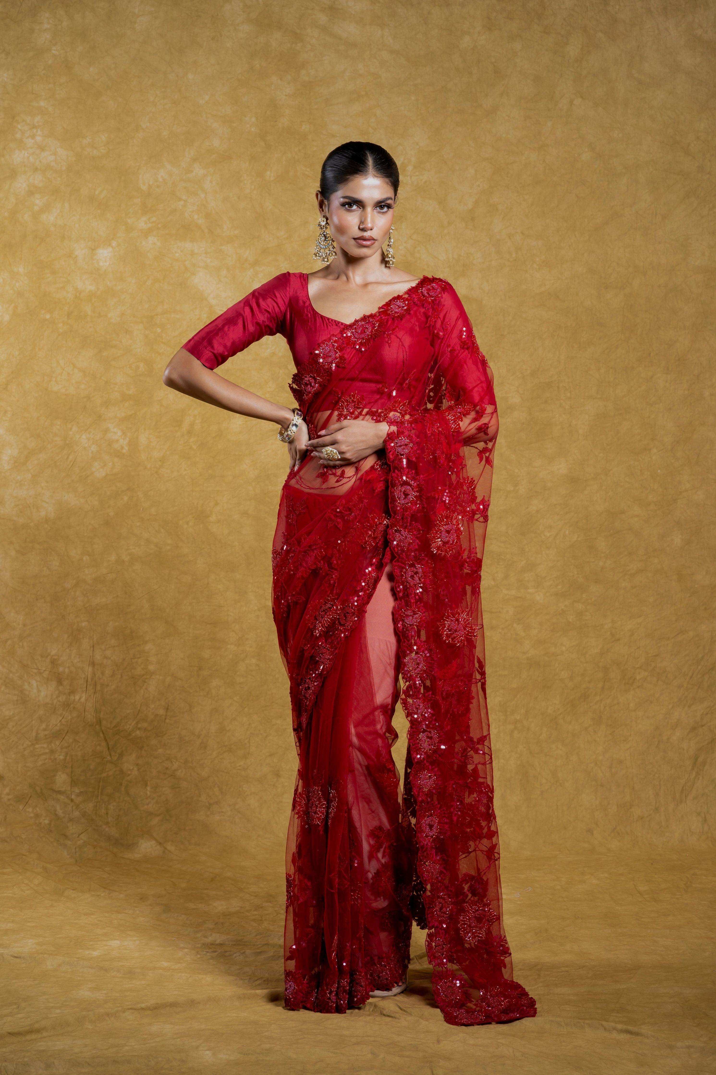 Red Net Saree with Sequins and Thread Embroidery Mokshaa