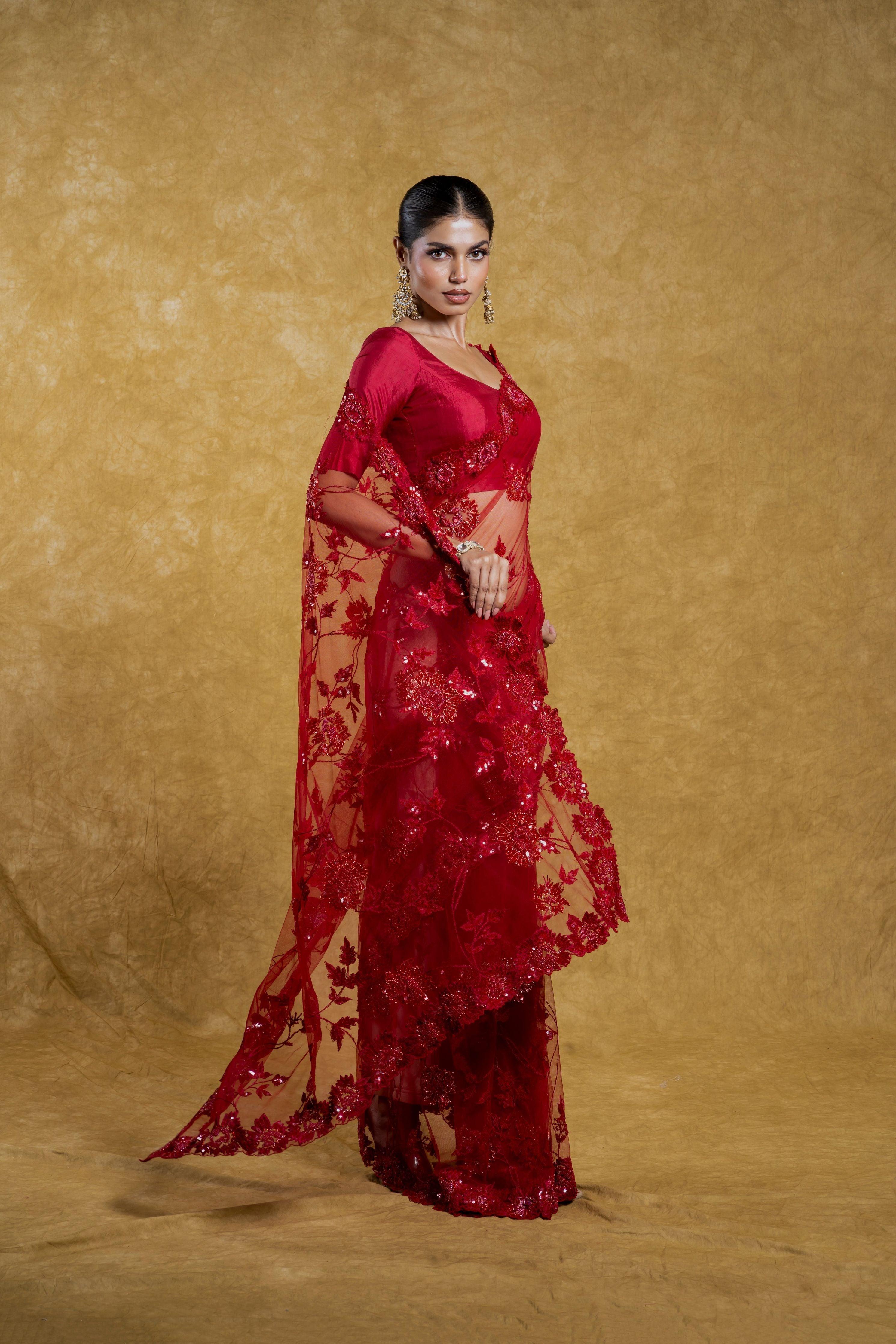 Red Net Saree with Sequins and Thread Embroidery Mokshaa