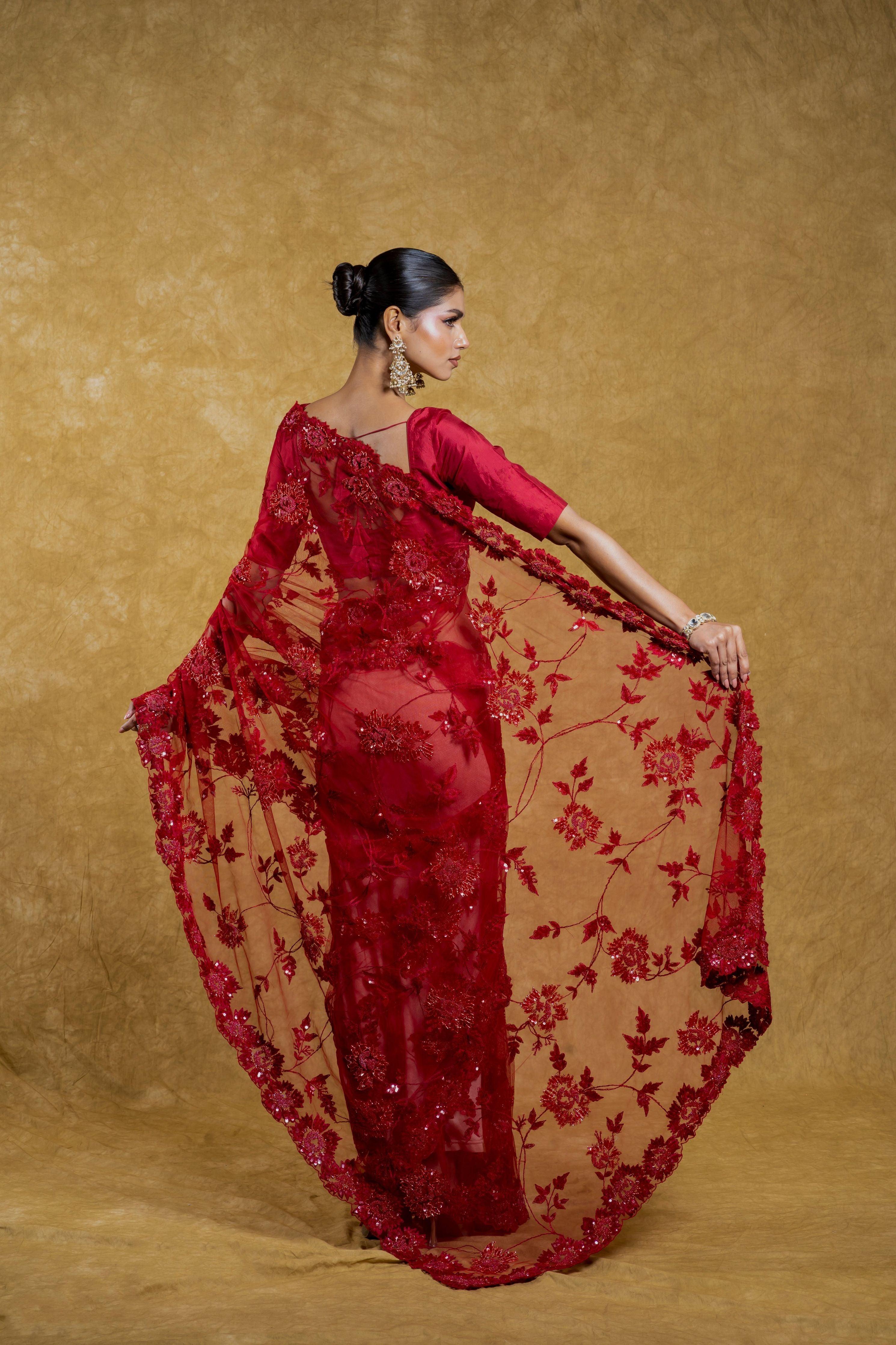 Red Net Saree with Sequins and Thread Embroidery Mokshaa