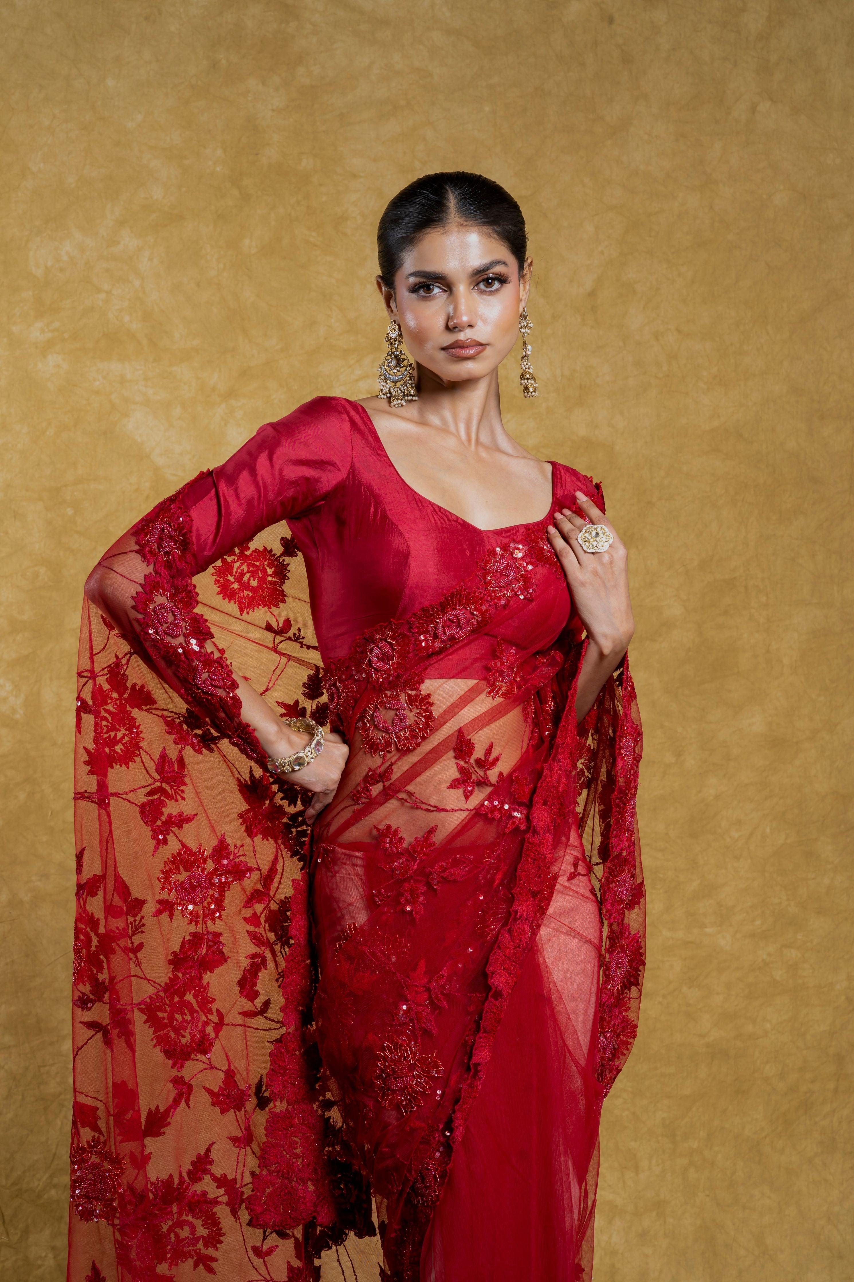 Red Net Saree with Sequins and Thread Embroidery Mokshaa