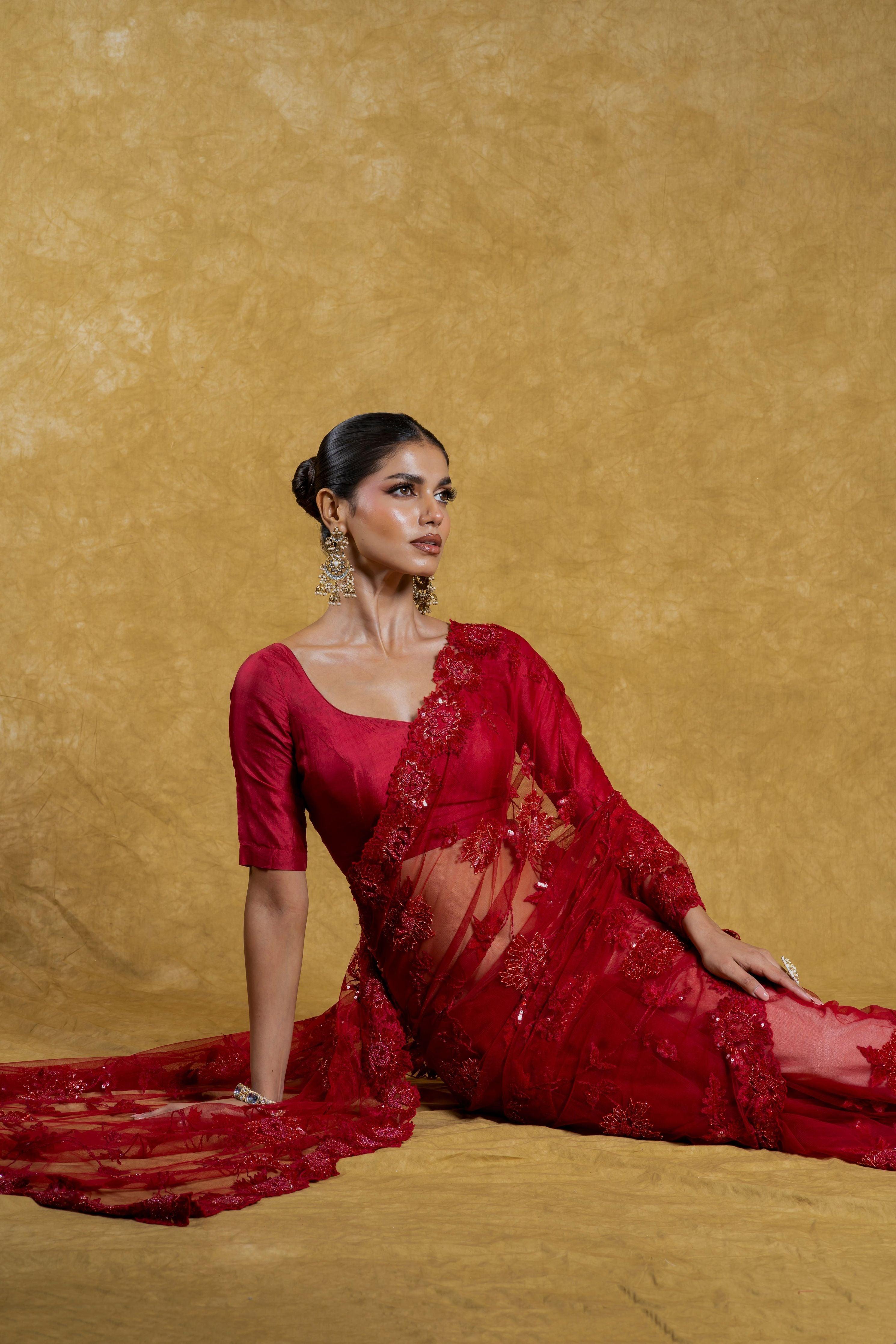 Red Net Saree with Sequins and Thread Embroidery Mokshaa