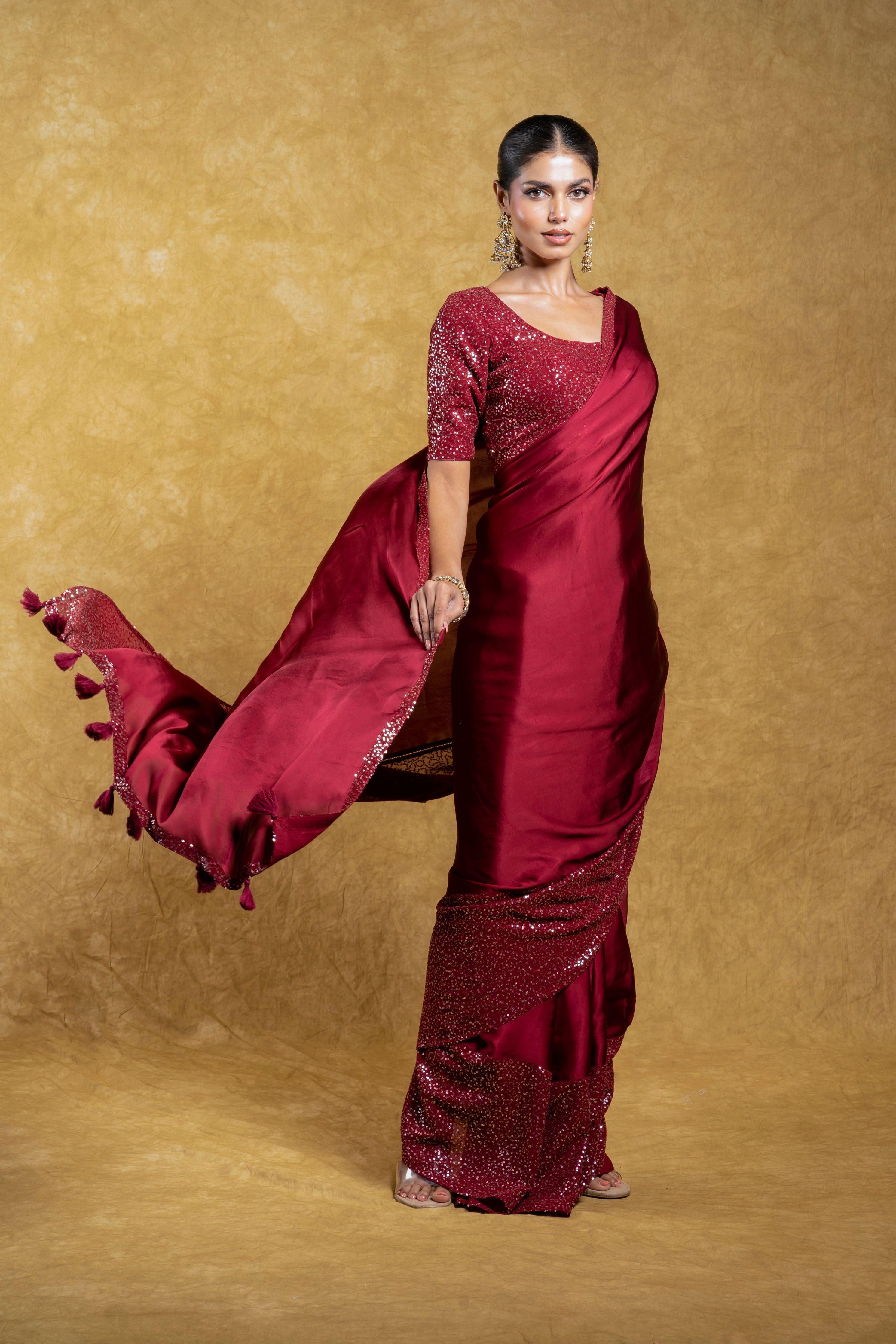 Maroon Georgette Saree with Rich Sequins Border Mokshaa