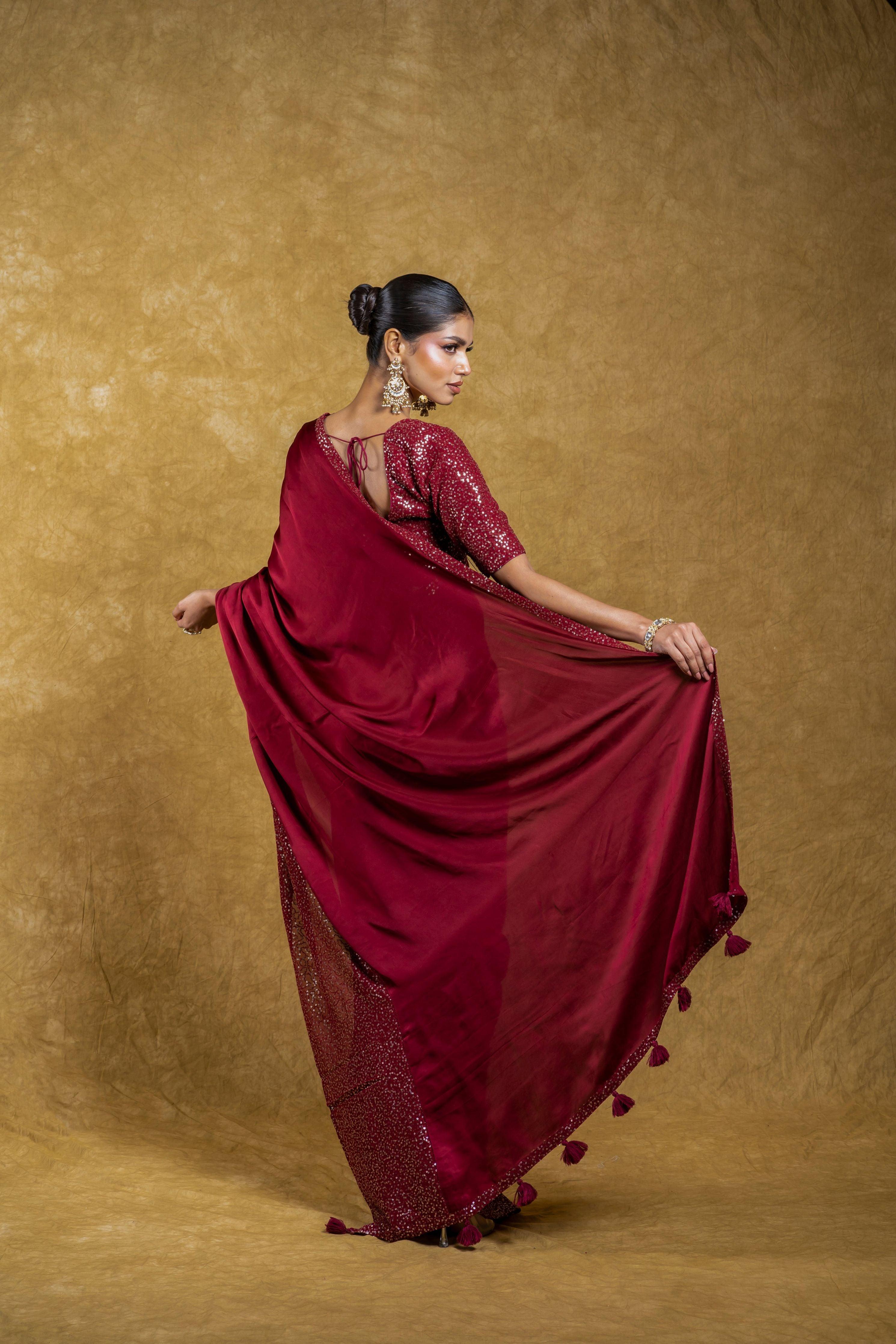 Maroon Georgette Saree with Rich Sequins Border Mokshaa