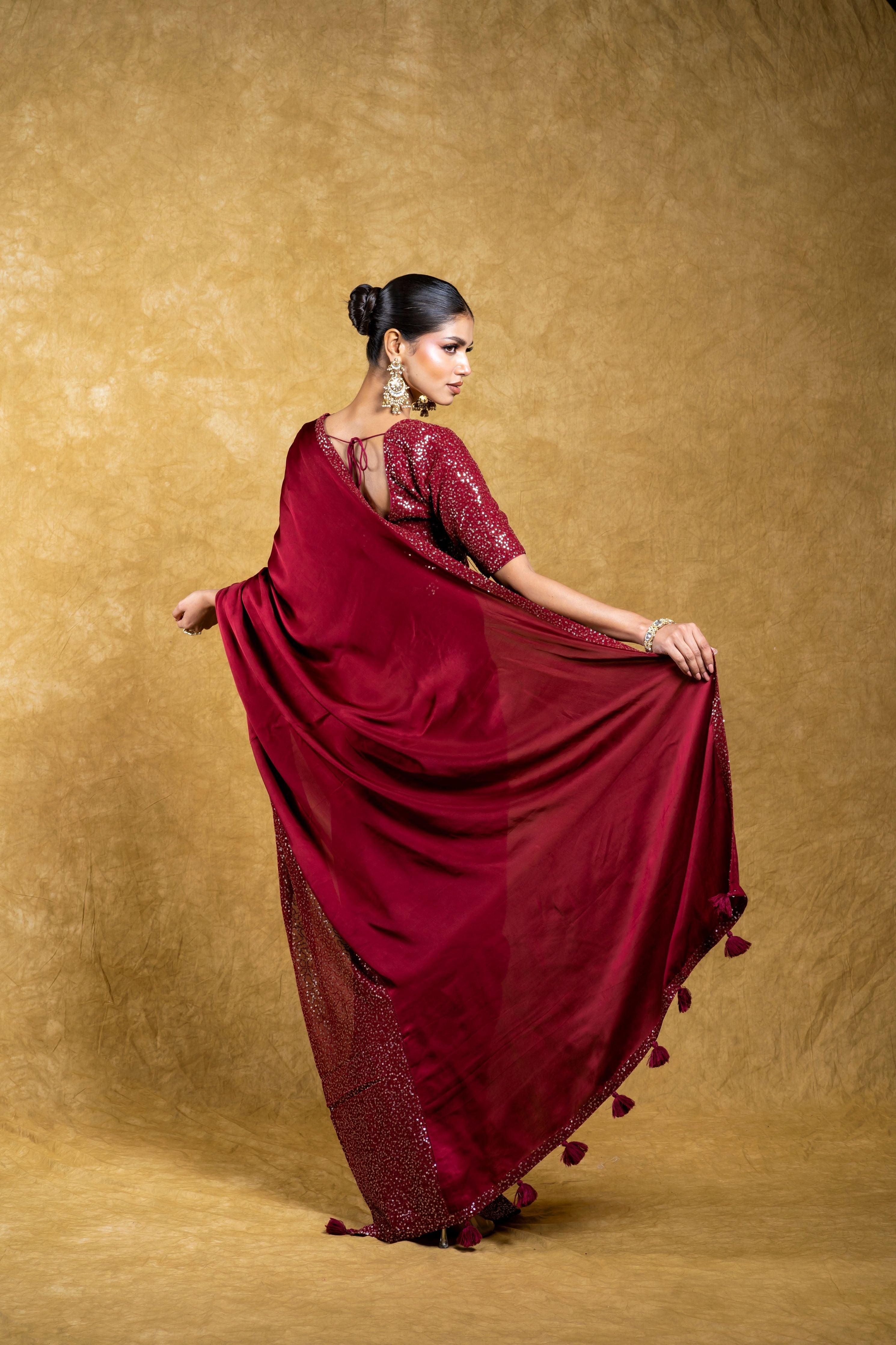 Maroon Georgette Saree with Rich Sequins Border Mokshaa