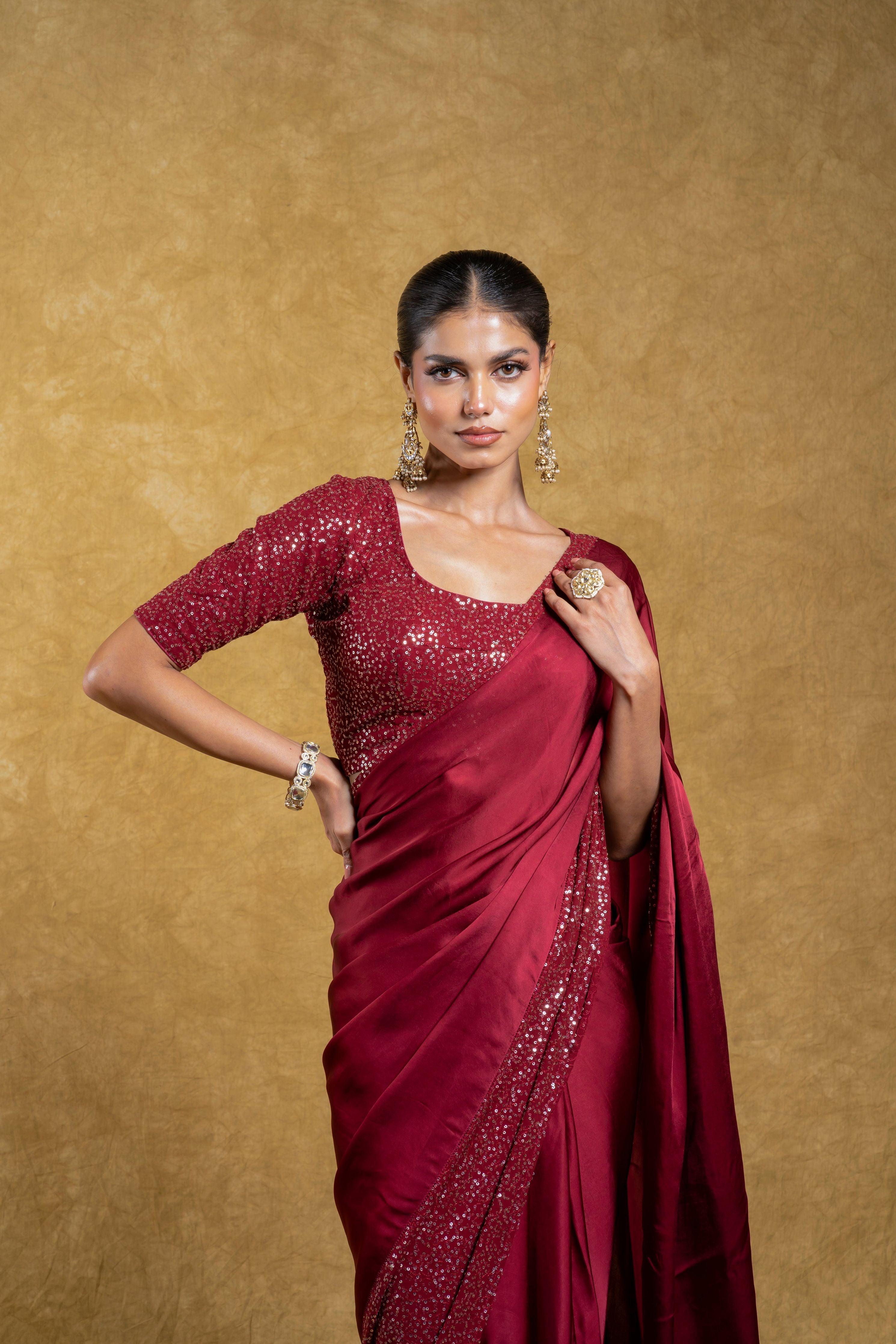 Maroon Georgette Saree with Rich Sequins Border Mokshaa