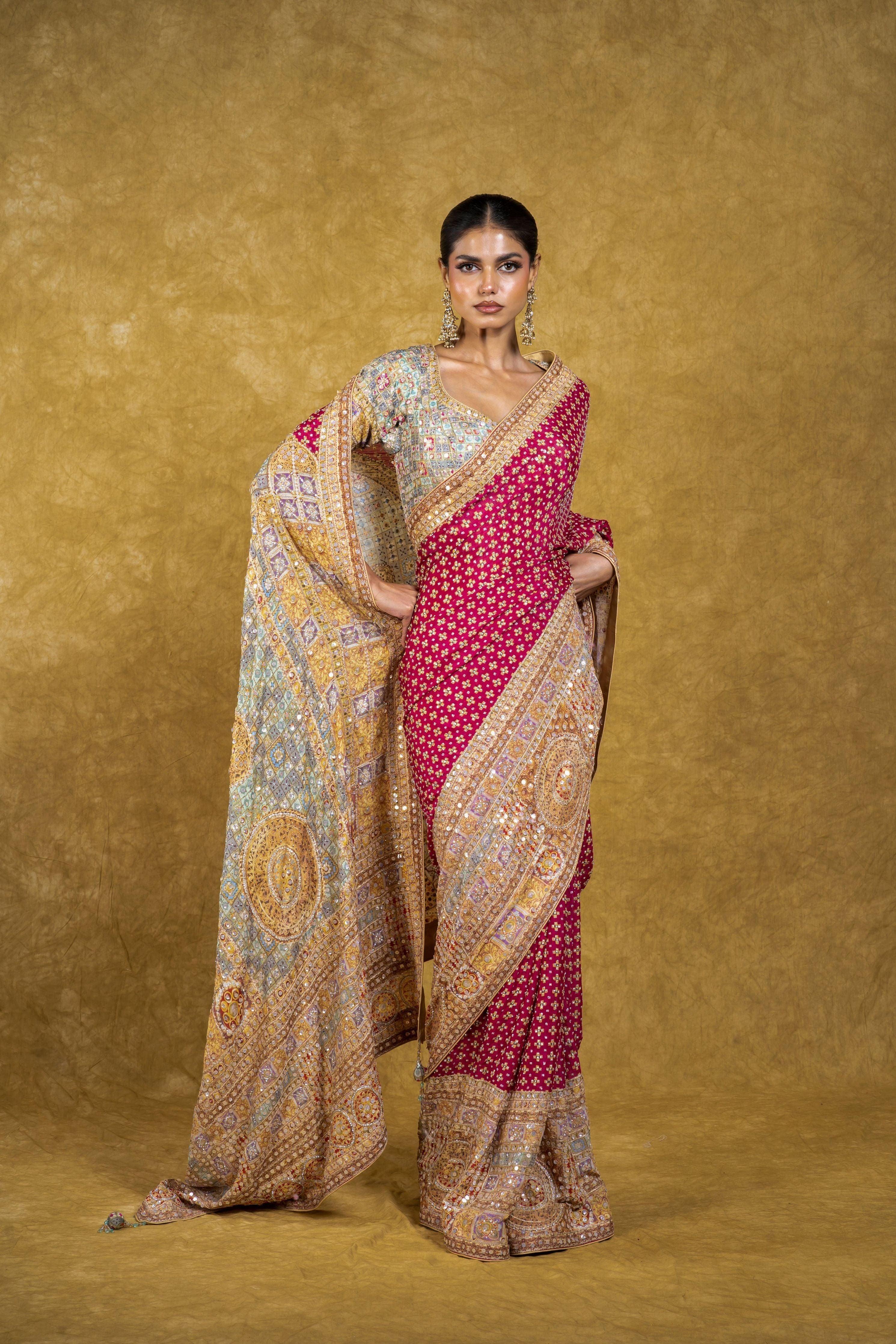 Rani Pink and Pastel Multicolor Border Saree | Mokshaa