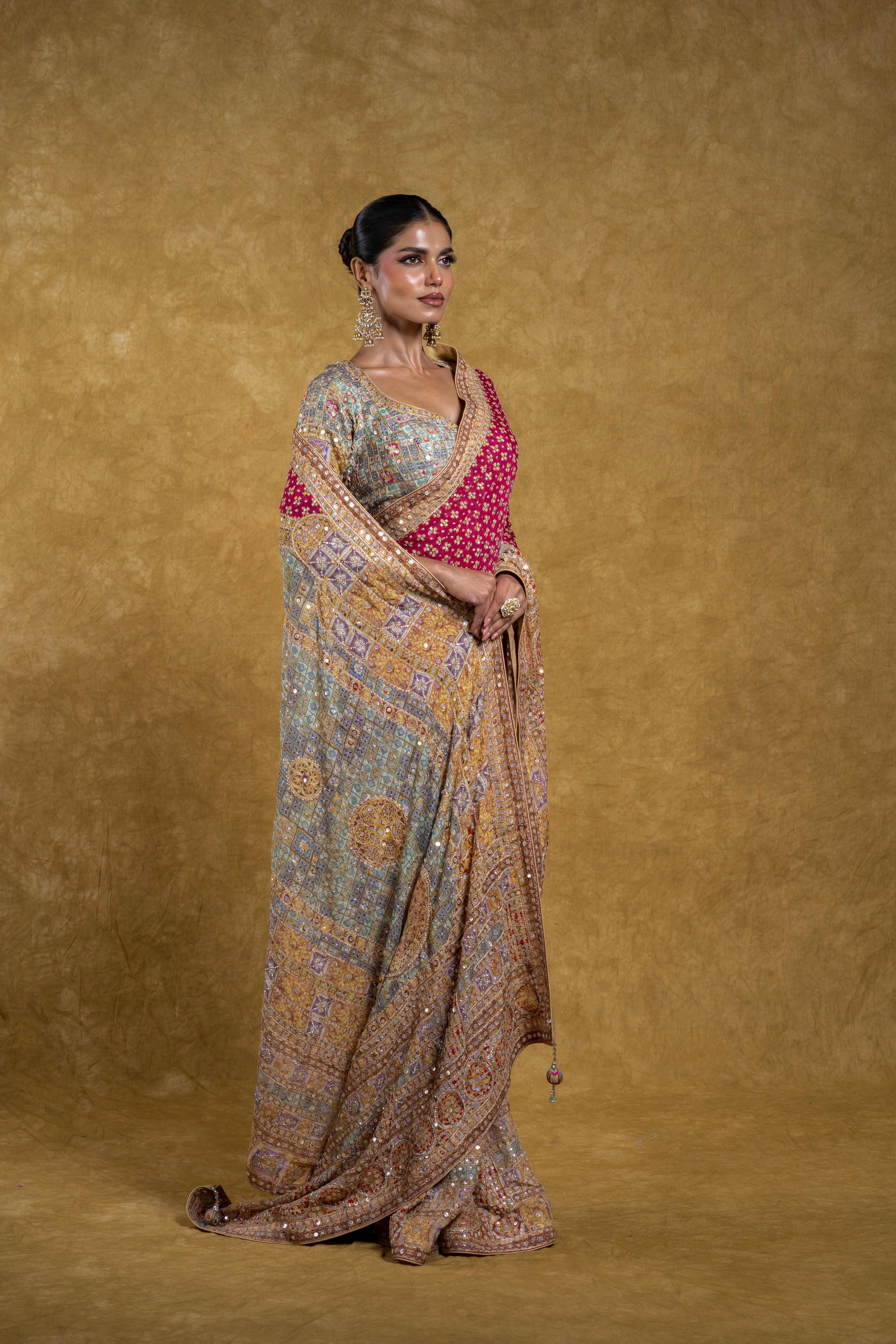 Rani Pink and Pastel Multicolor Saree