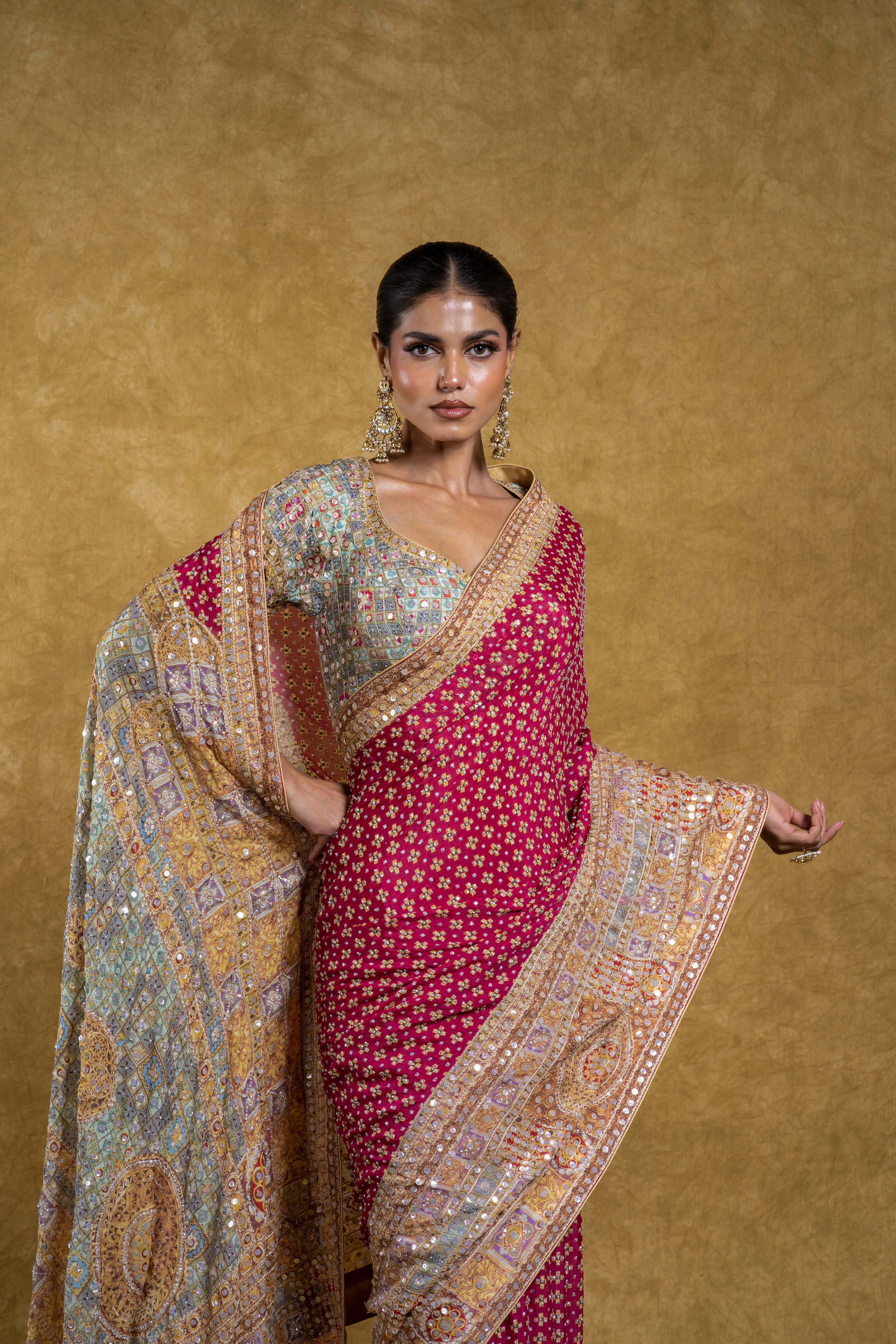 Rani Pink and Pastel Multicolor Saree