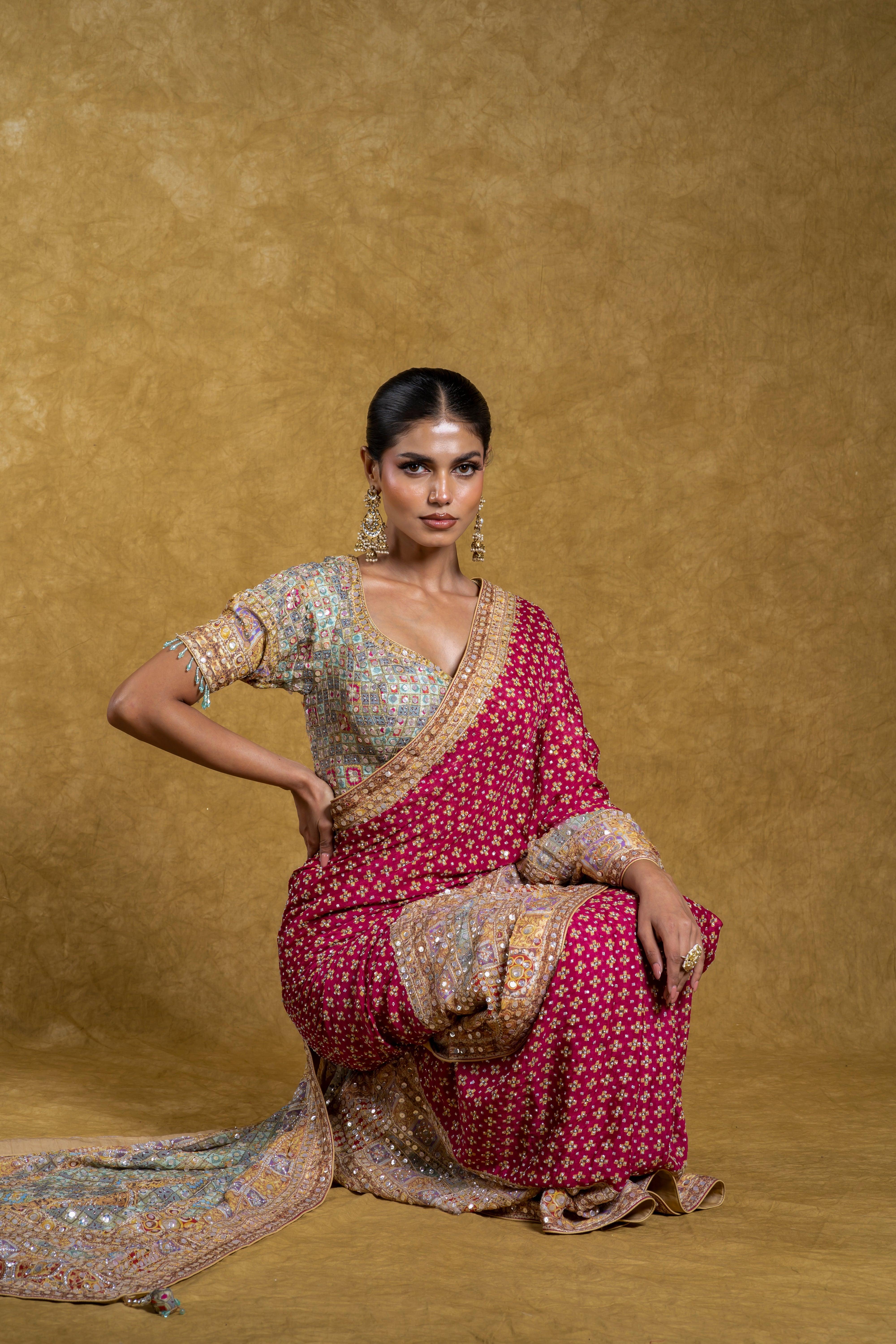 Rani Pink and Pastel Multicolor Saree