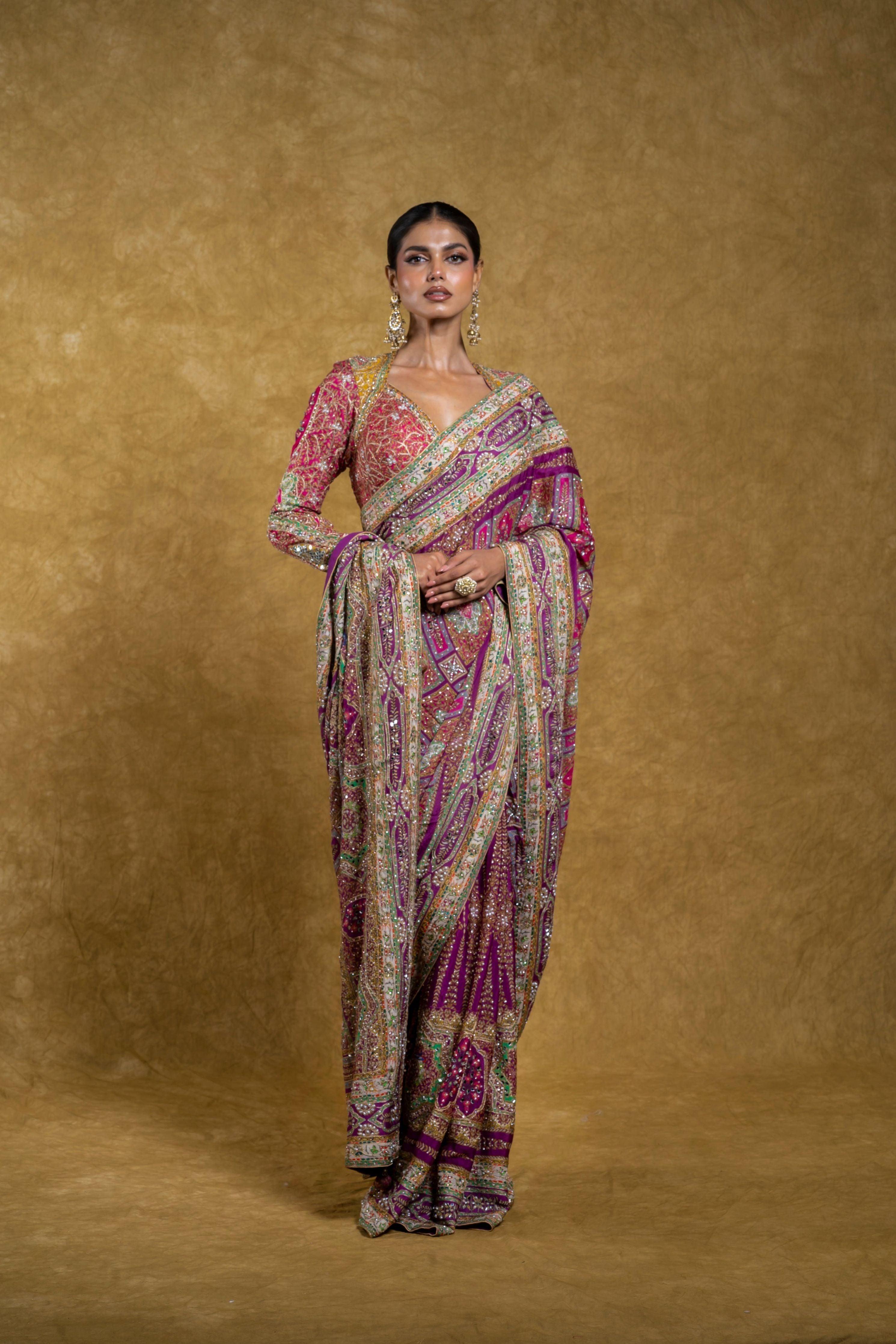 Magenta and Multicolor Bandhej Georgette Saree with Mirror Embroidery  Mokshaa