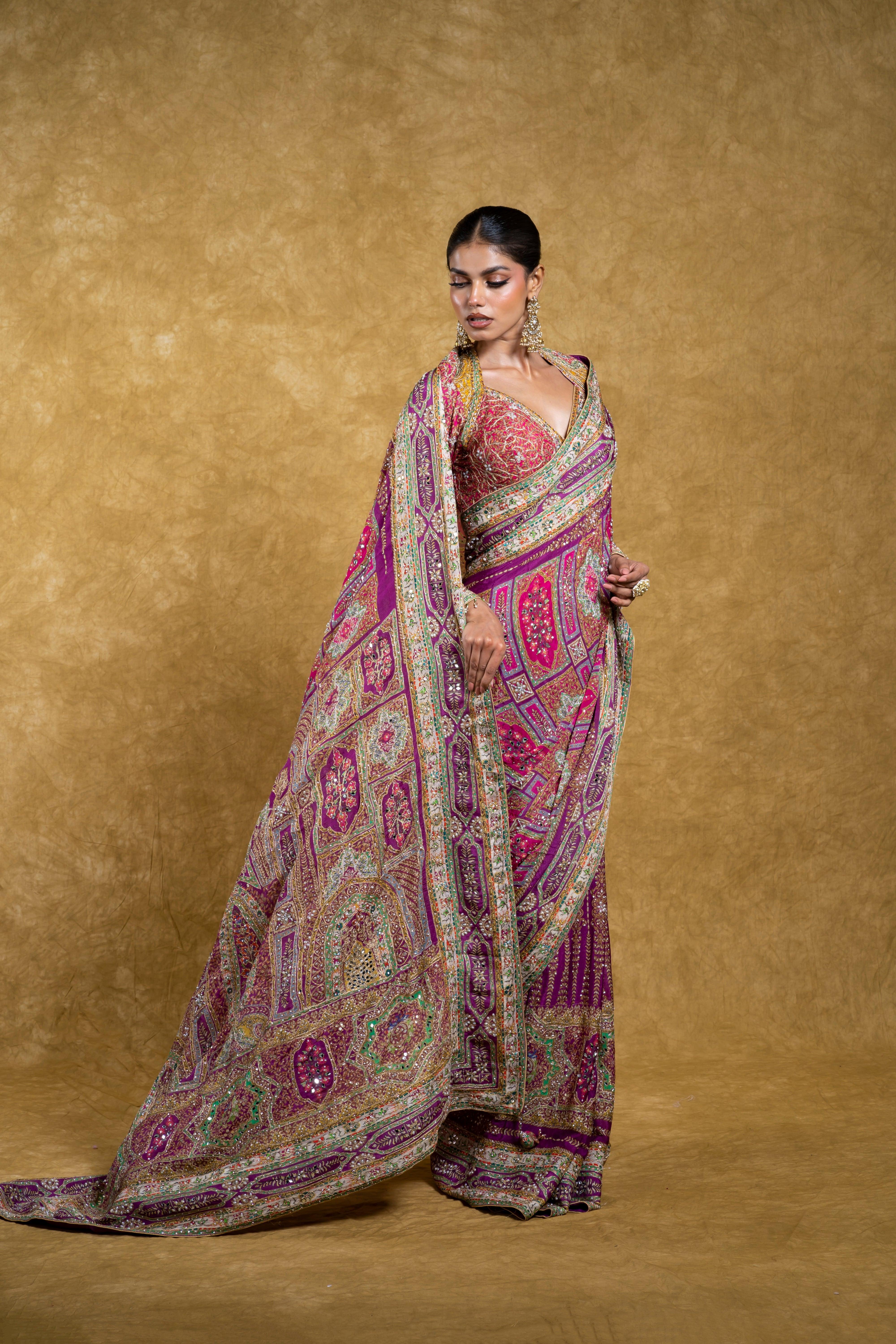 Magenta and Multicolor Bandhej Georgette Saree with Mirror Embroidery  Mokshaa