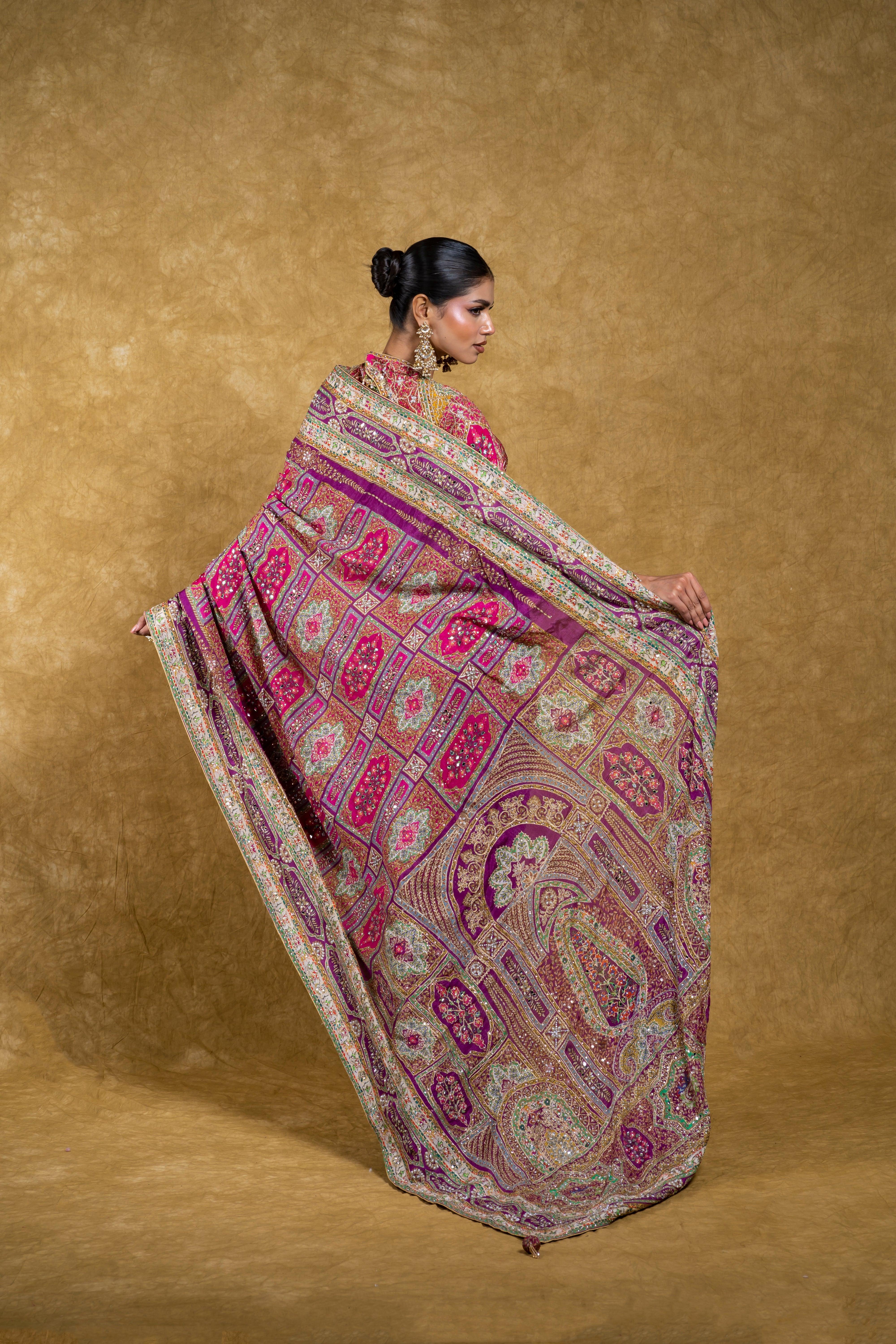 Magenta and Multicolor Bandhej Georgette Saree with Mirror Embroidery  Mokshaa