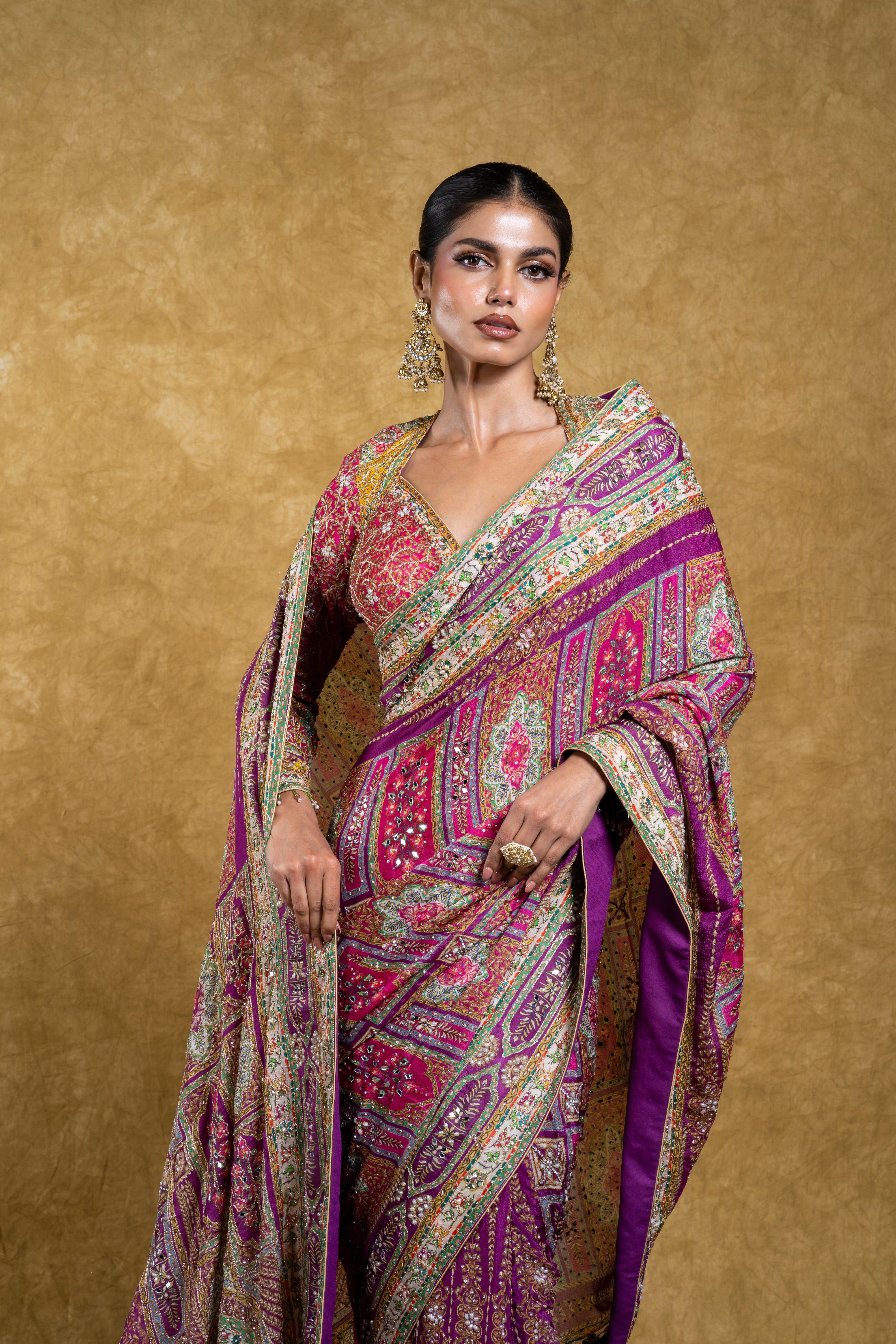 Magenta and Multicolor Bandhej Georgette Saree with Mirror Embroidery  Mokshaa