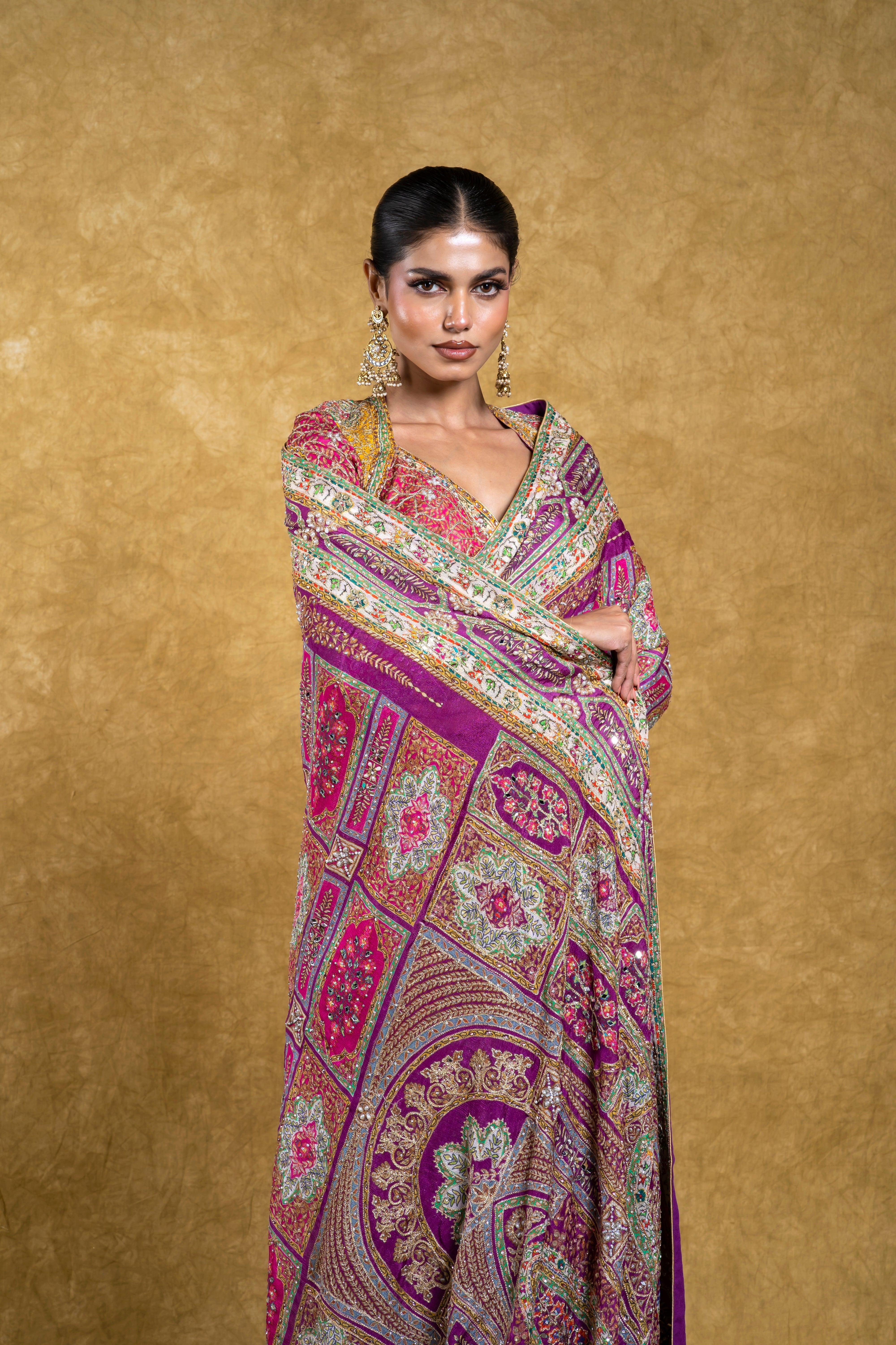 Magenta and Multicolor Bandhej Georgette Saree with Mirror Embroidery  Mokshaa