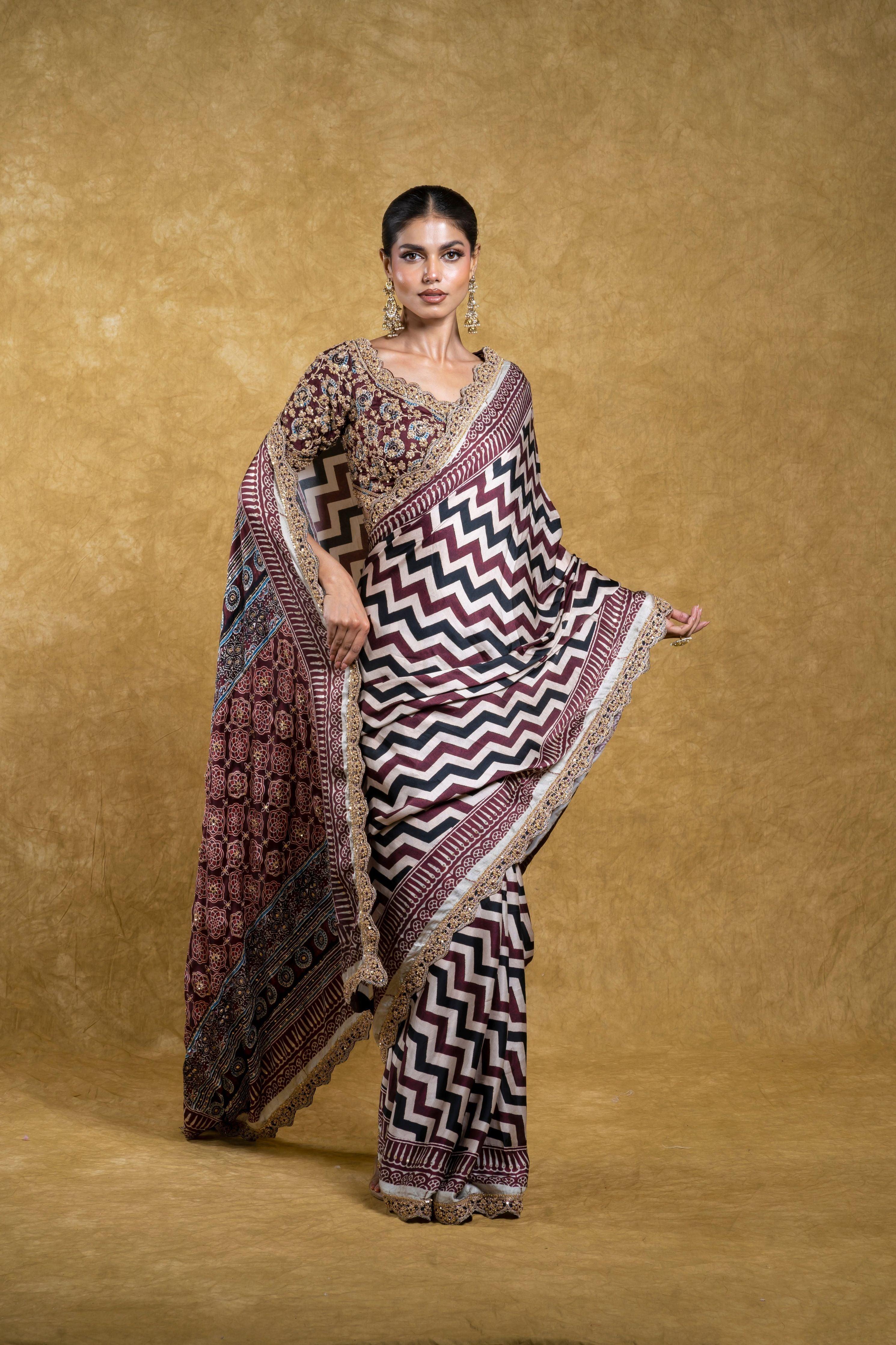 Multicolor Satin Silk Saree with Geometrical Print and Floral Embroidery Mokshaa