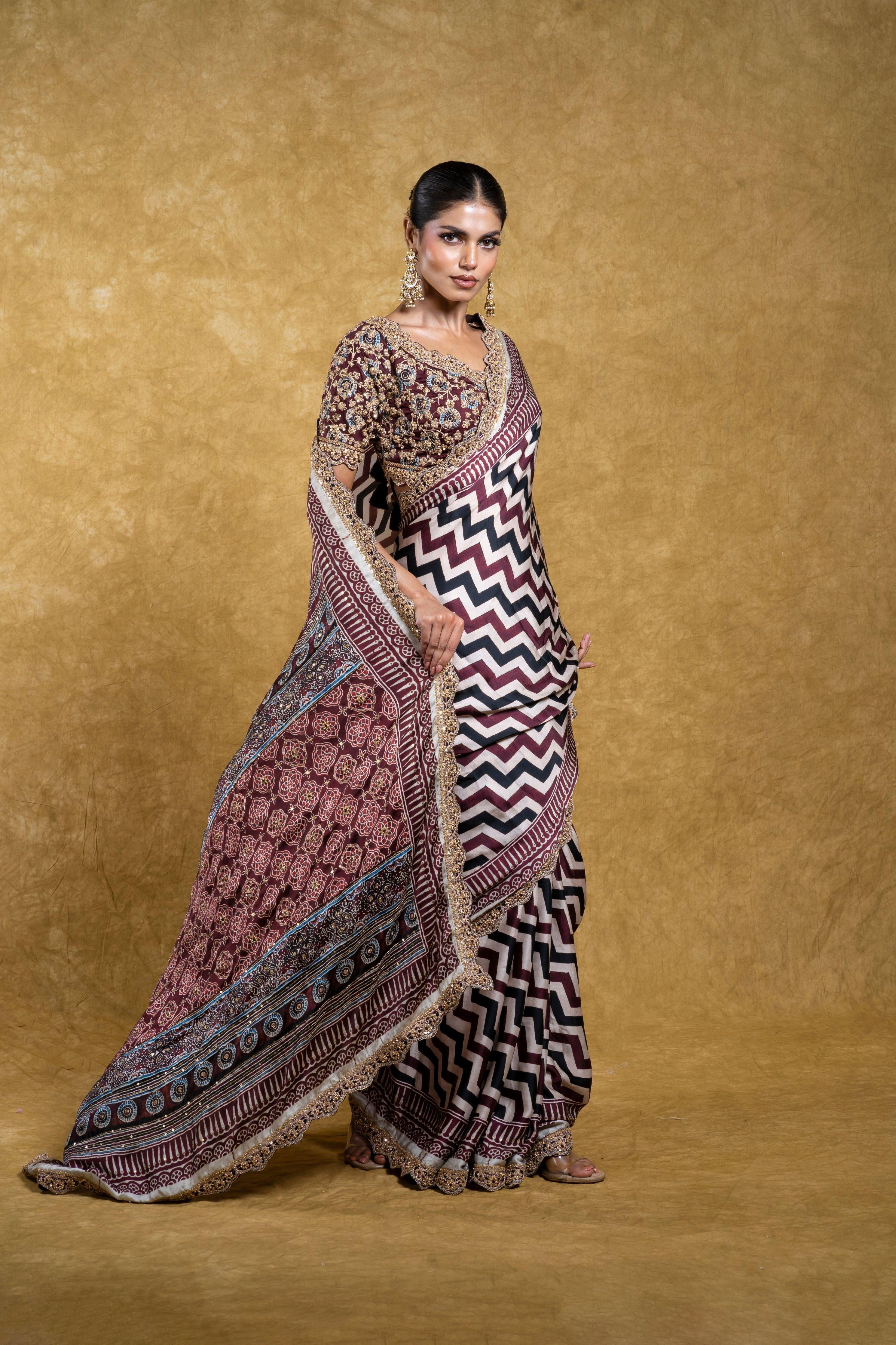 Multicolor Satin Silk Saree with Geometrical Print and Floral Embroidery Mokshaa