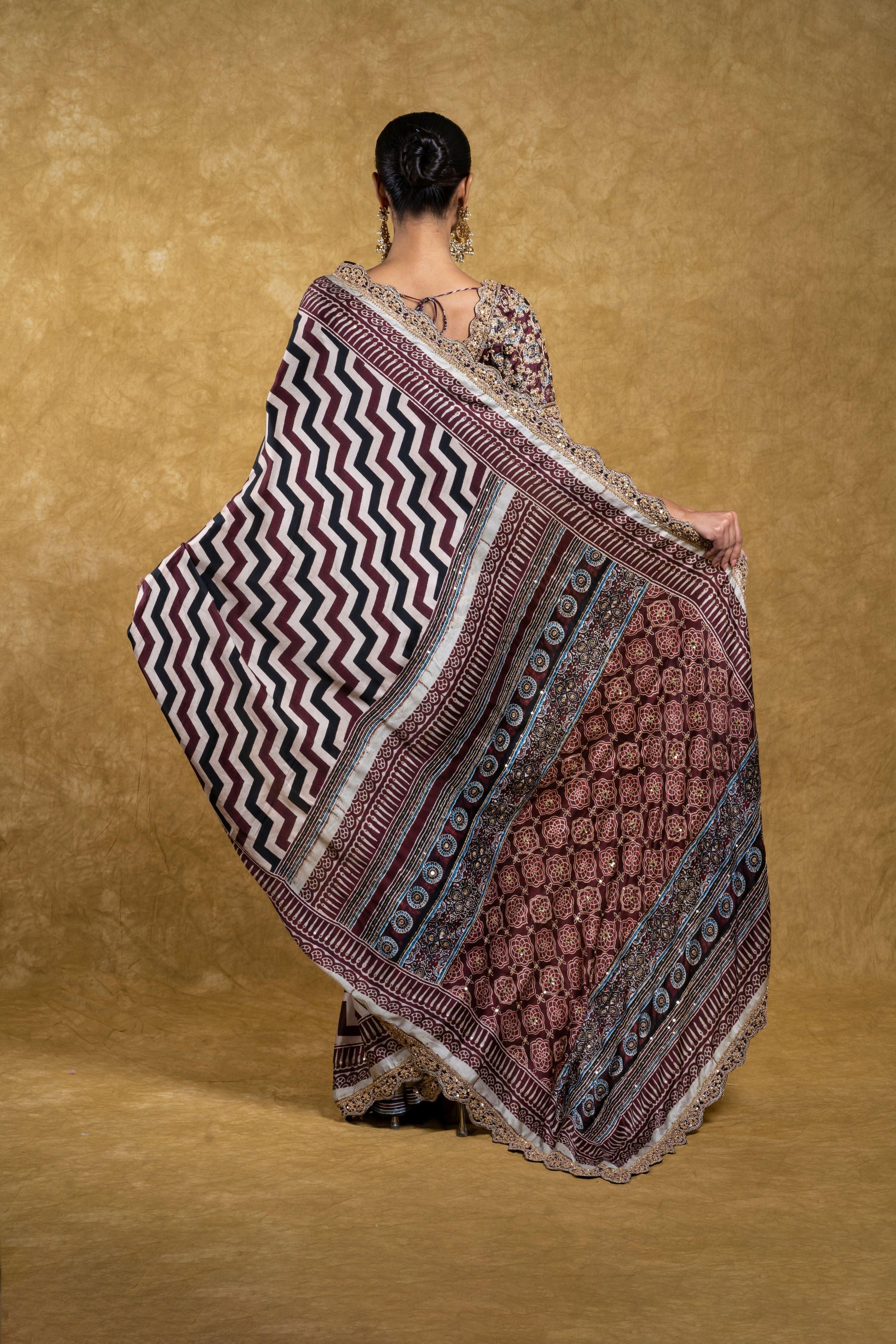 Multicolor Satin Silk Saree with Geometrical Print and Floral Embroidery Mokshaa