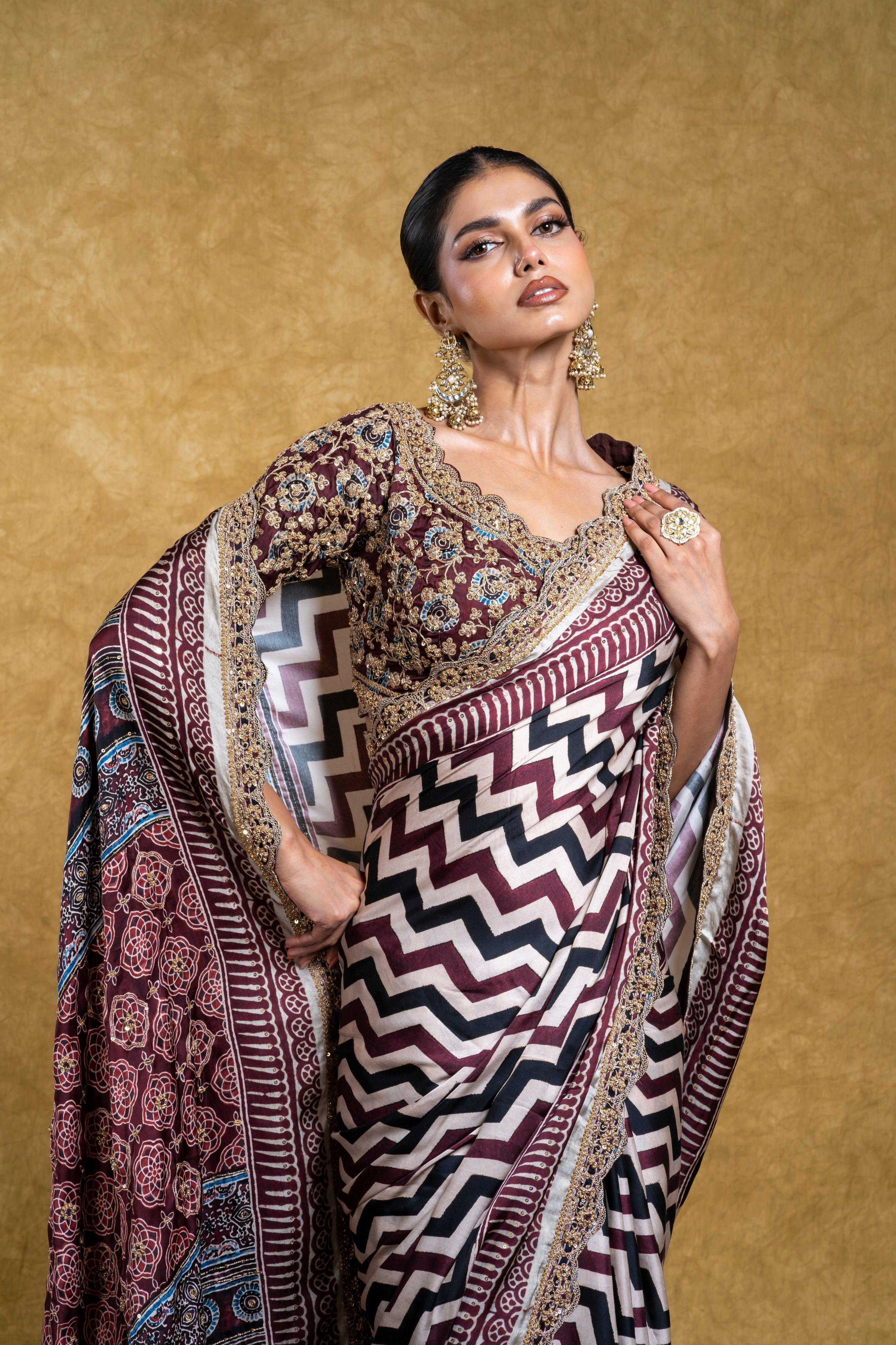 Multicolor Satin Silk Saree with Geometrical Print and Floral Embroidery Mokshaa