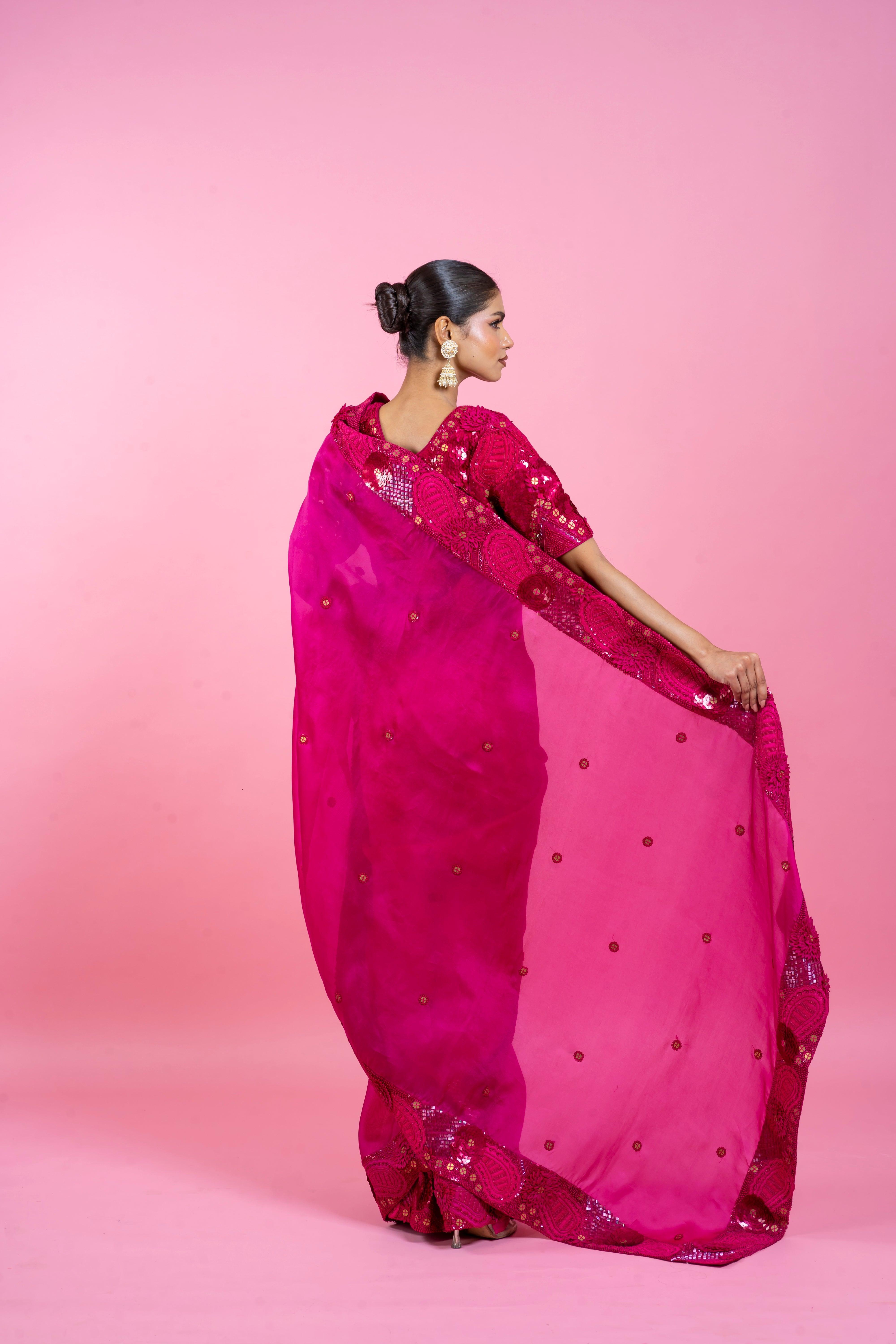 Dark Pink Organza Saree with Floral Applique Mokshaa