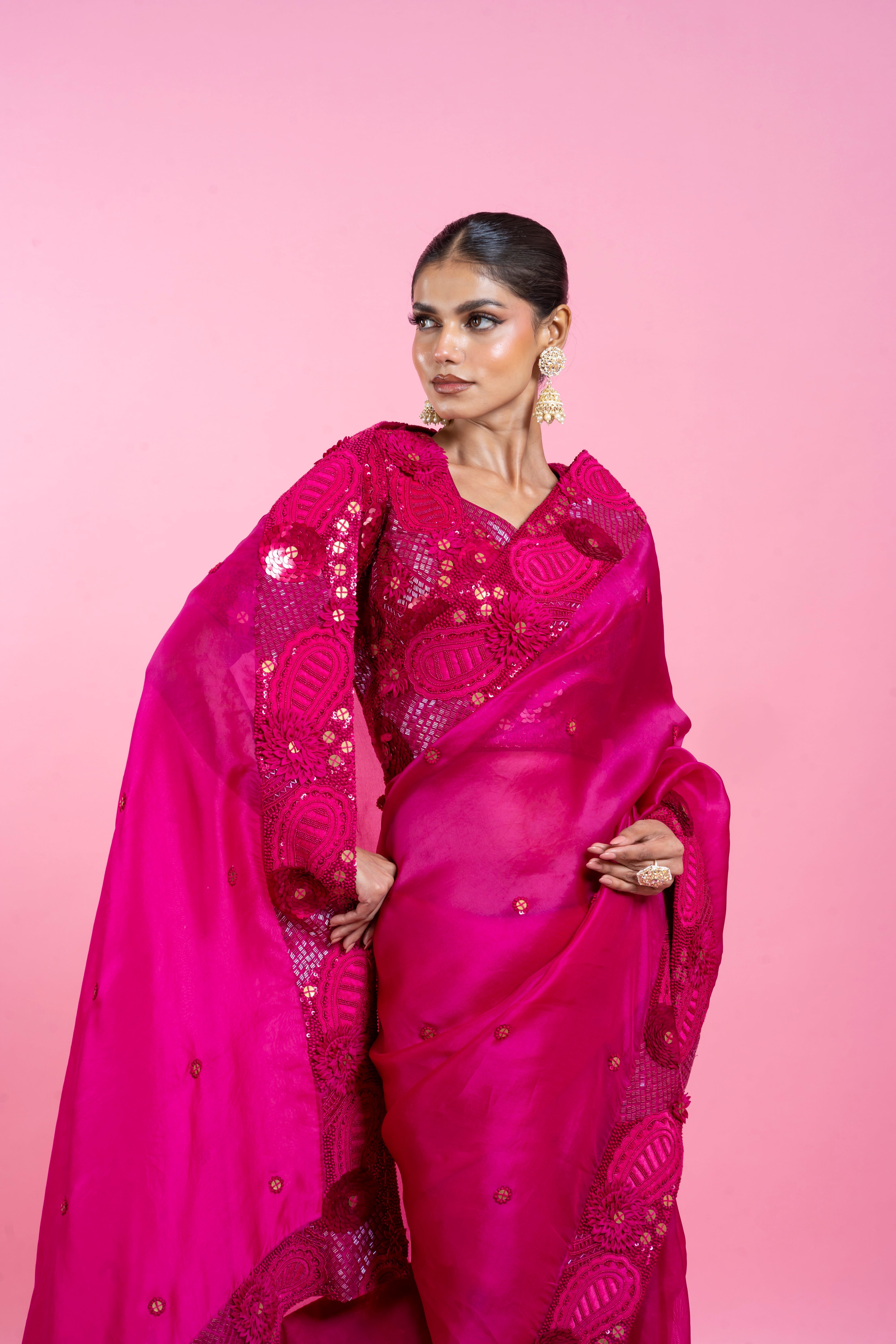 Dark Pink Organza Saree with Floral Applique Mokshaa