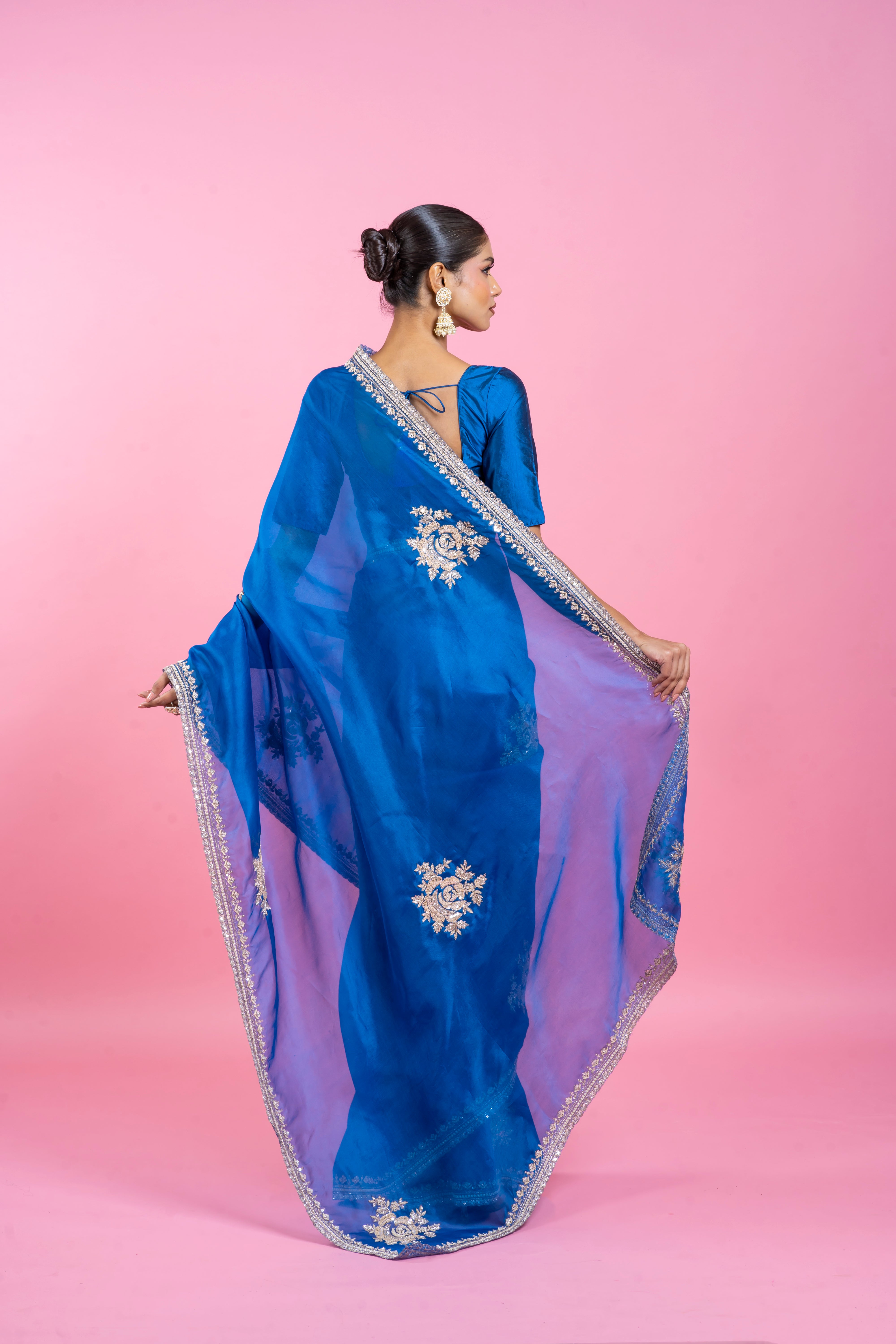 Royal Blue Organza Saree with Zari Embroidery Mokshaa