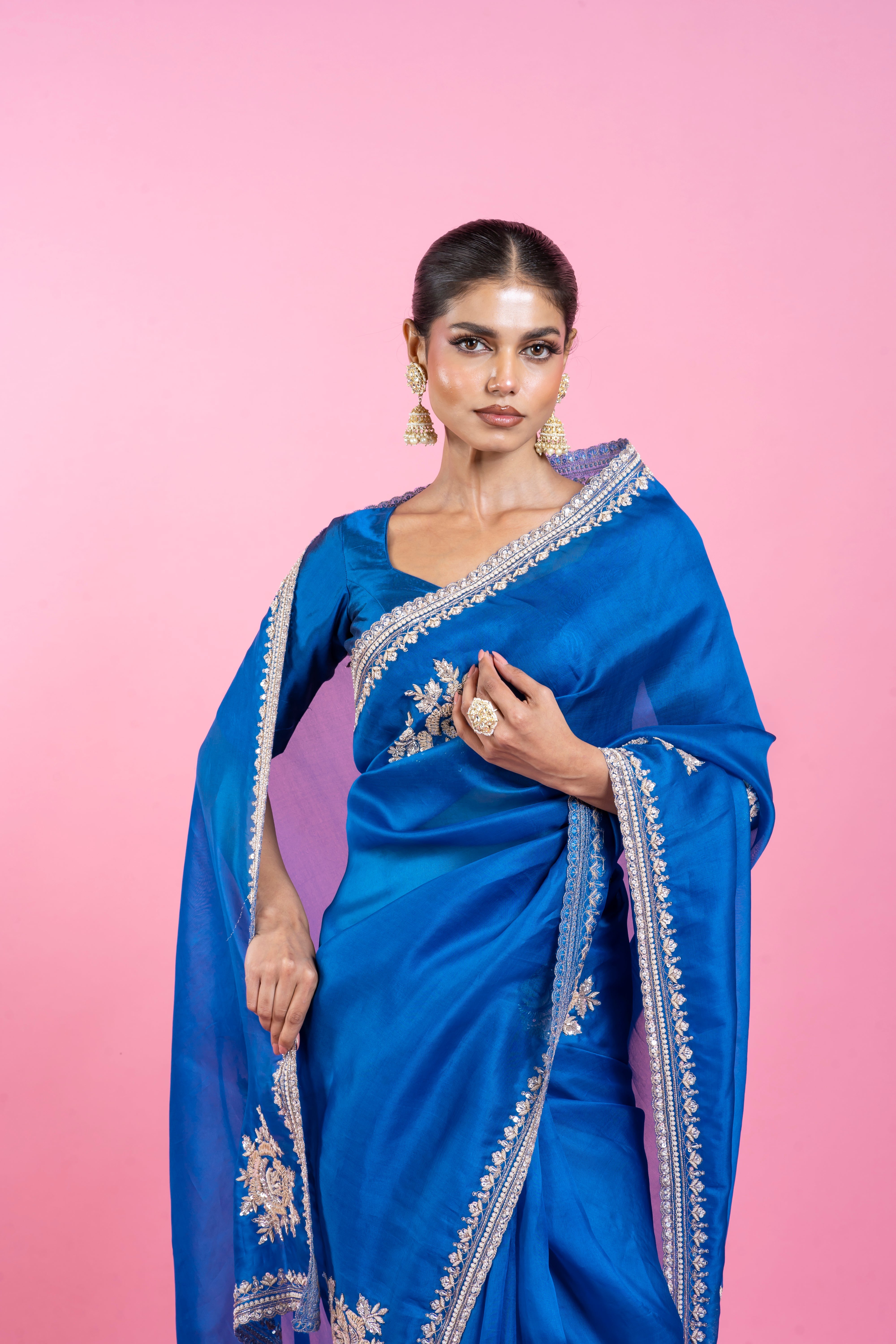Royal Blue Organza Saree with Zari Embroidery Mokshaa