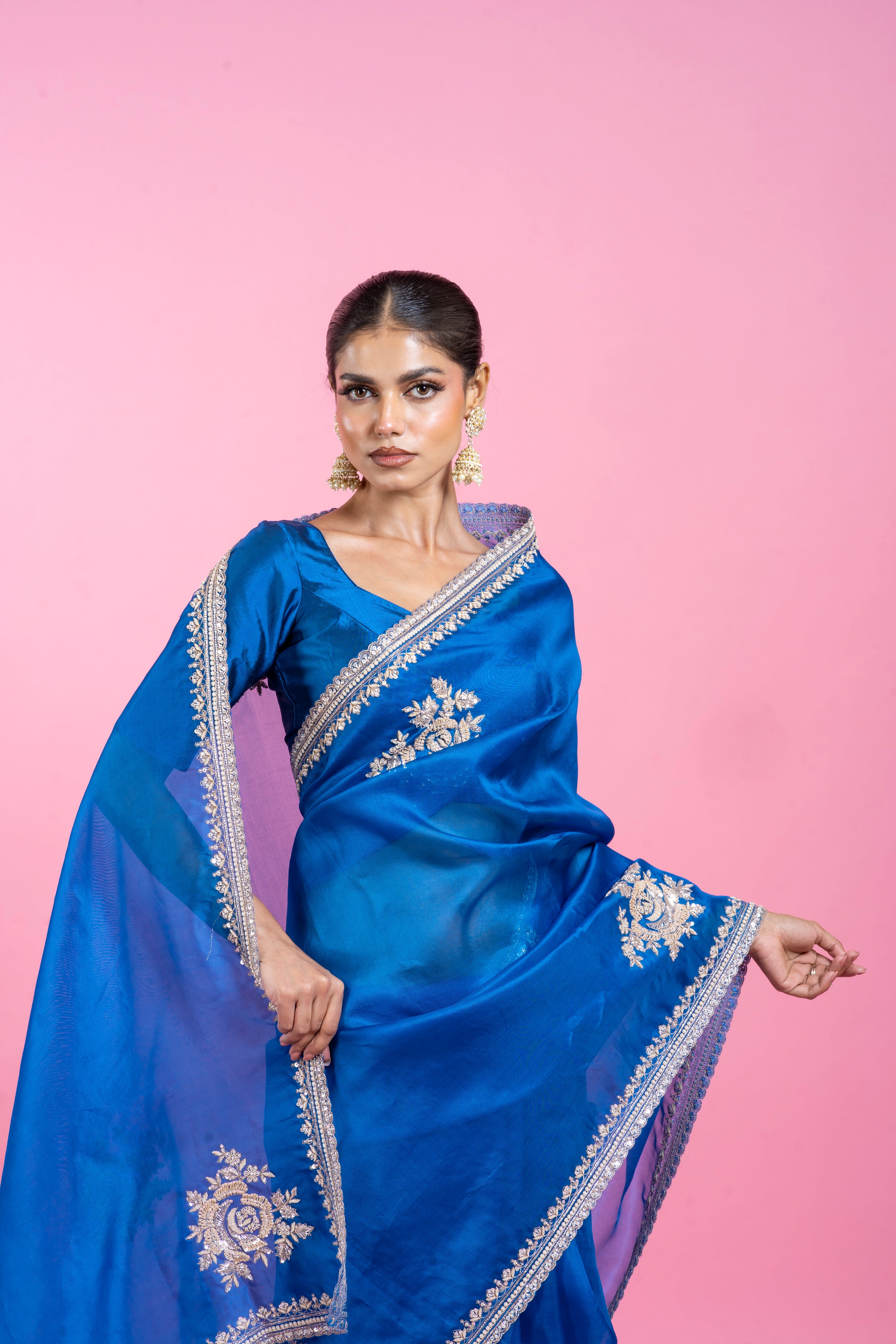 Royal Blue Organza Saree with Zari Embroidery Mokshaa