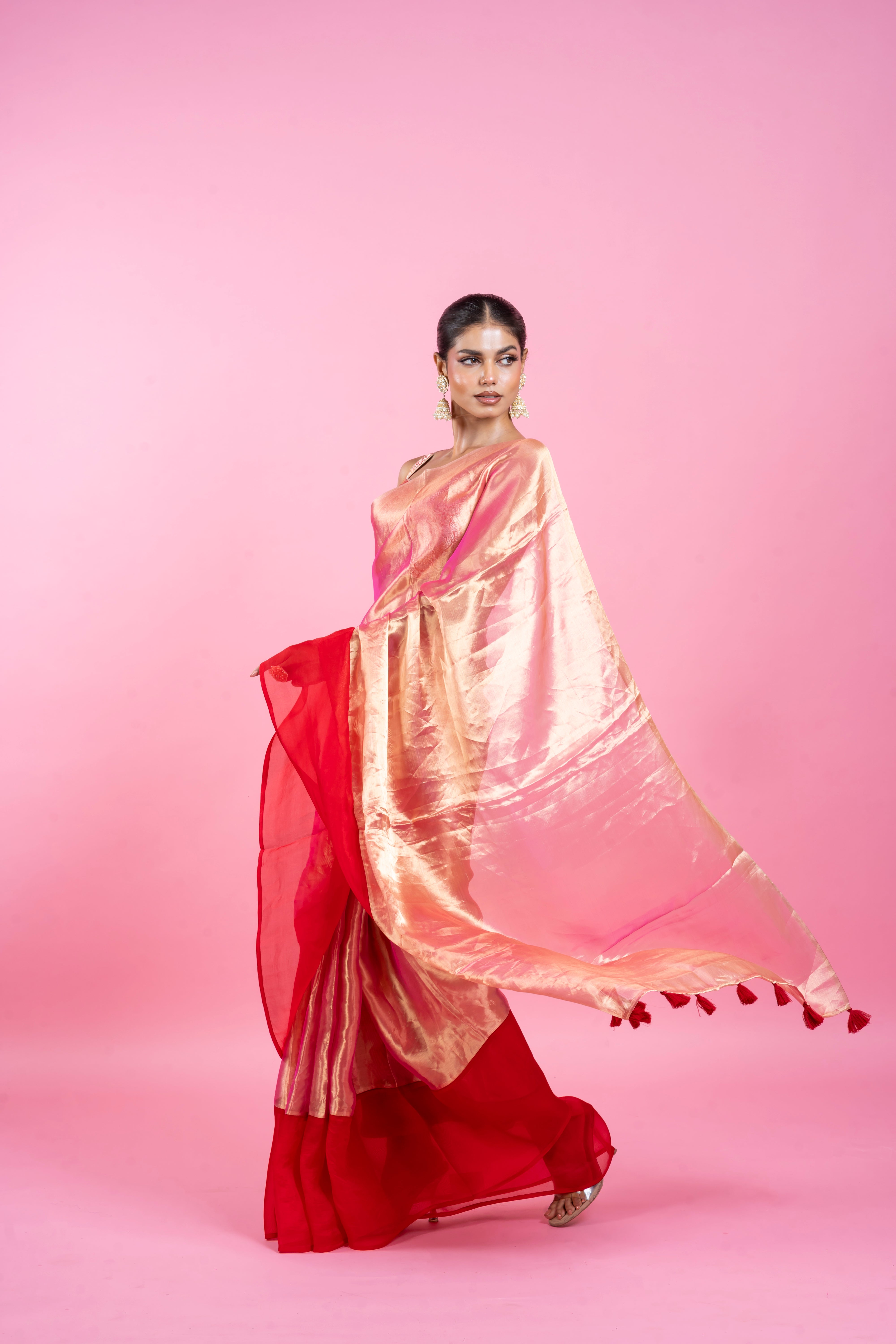 Red Tissue Organza Saree with Lustrous Ombre and Red BorderĀ Mokshaa