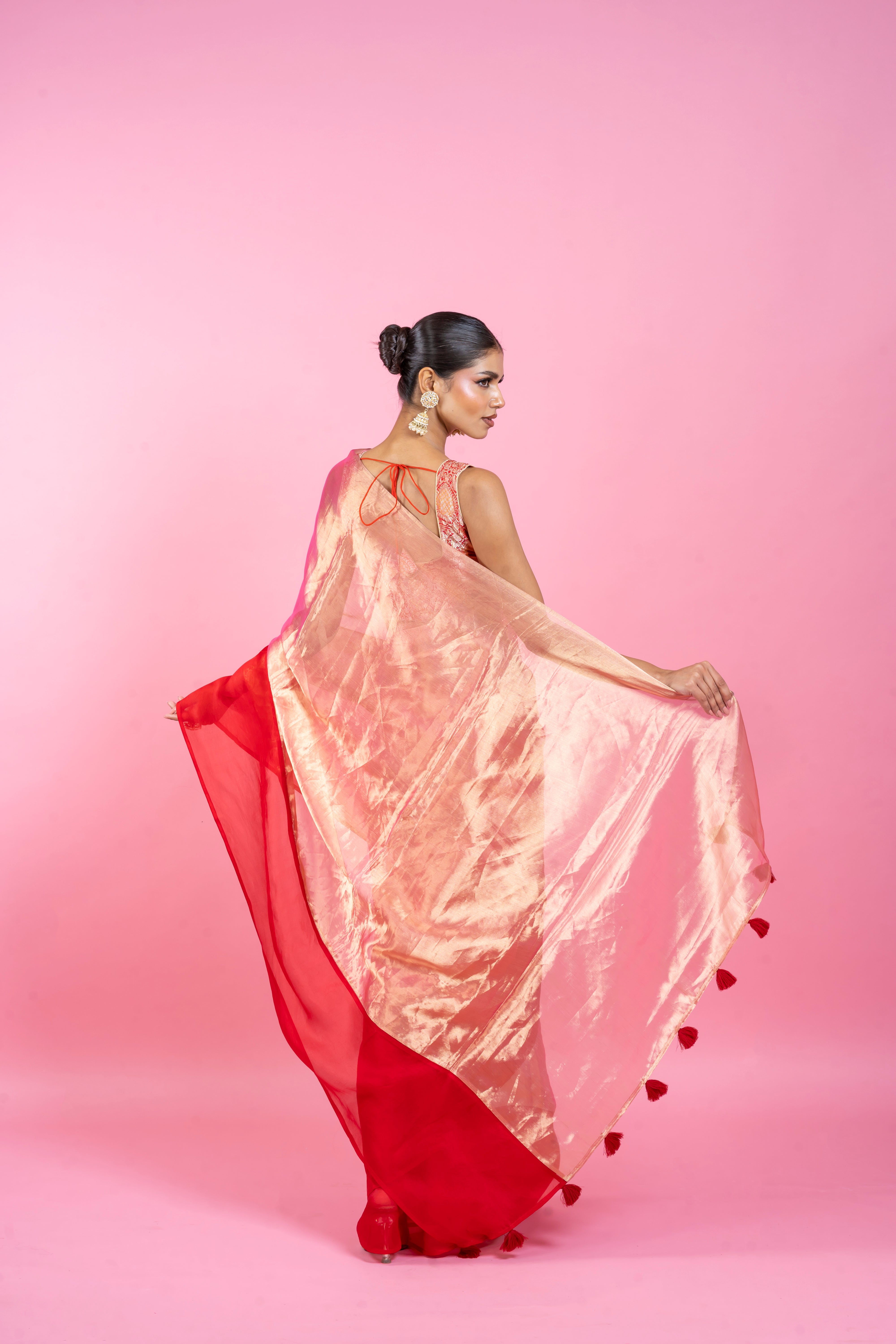 Red Tissue Organza Saree with Lustrous Ombre and Red BorderĀ Mokshaa