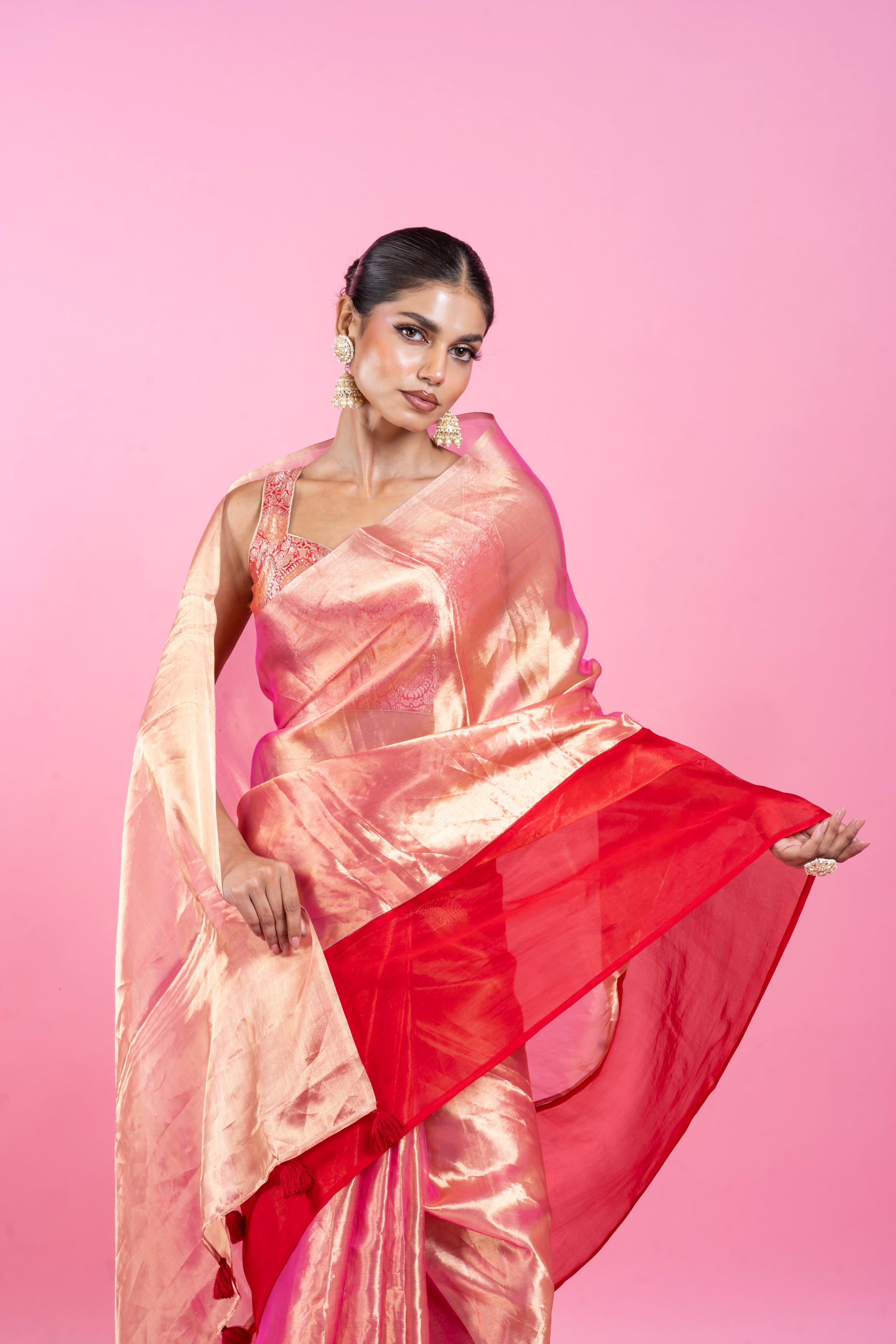 Red Tissue Organza Saree with Lustrous Ombre and Red BorderĀ Mokshaa