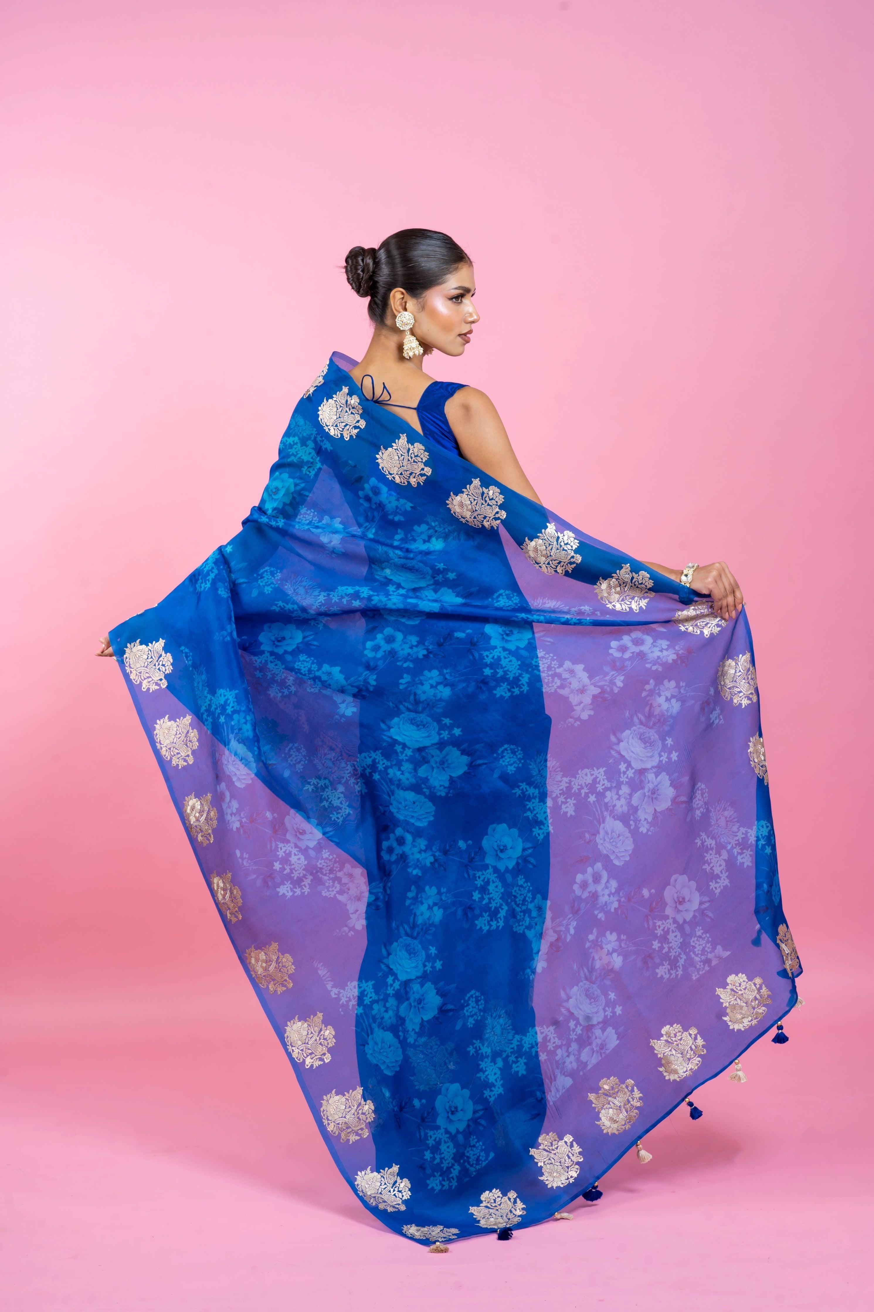 Ink Blue Organza Saree with Digital Print and Embroidery Mokshaa
