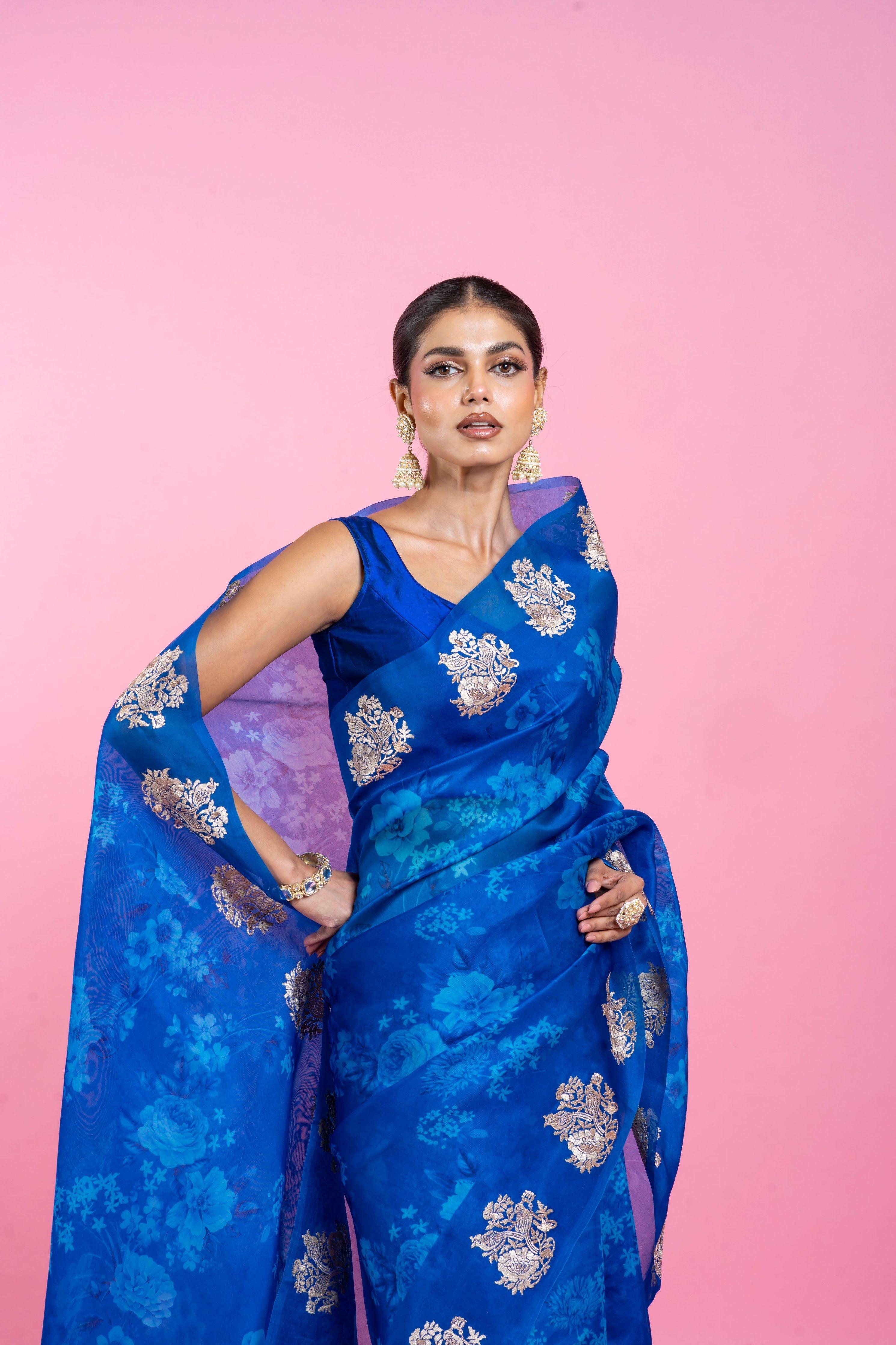 Ink Blue Organza Saree with Digital Print and Embroidery Mokshaa