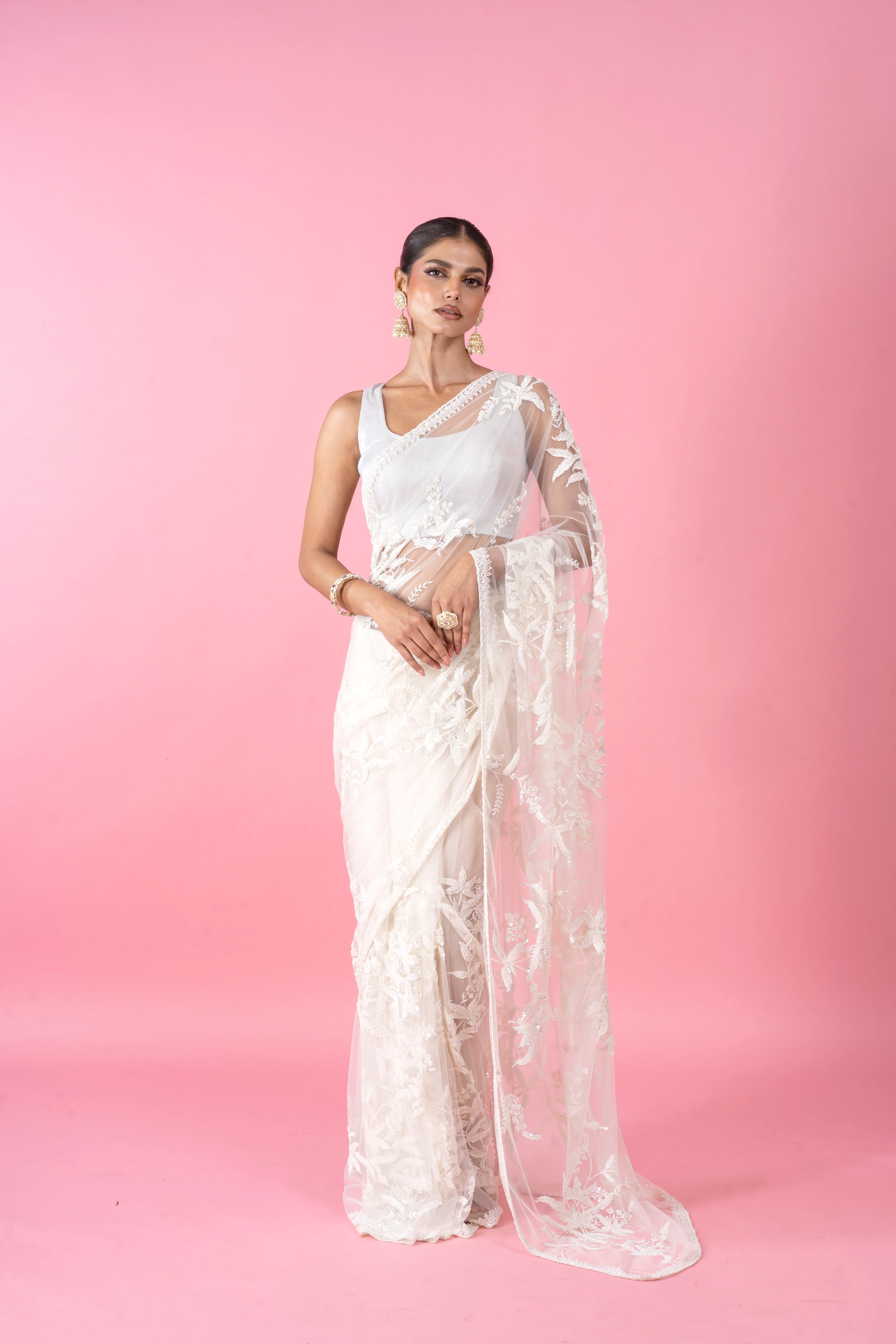 White Net Saree with Pearl and Sequins Embroidery Mokshaa
