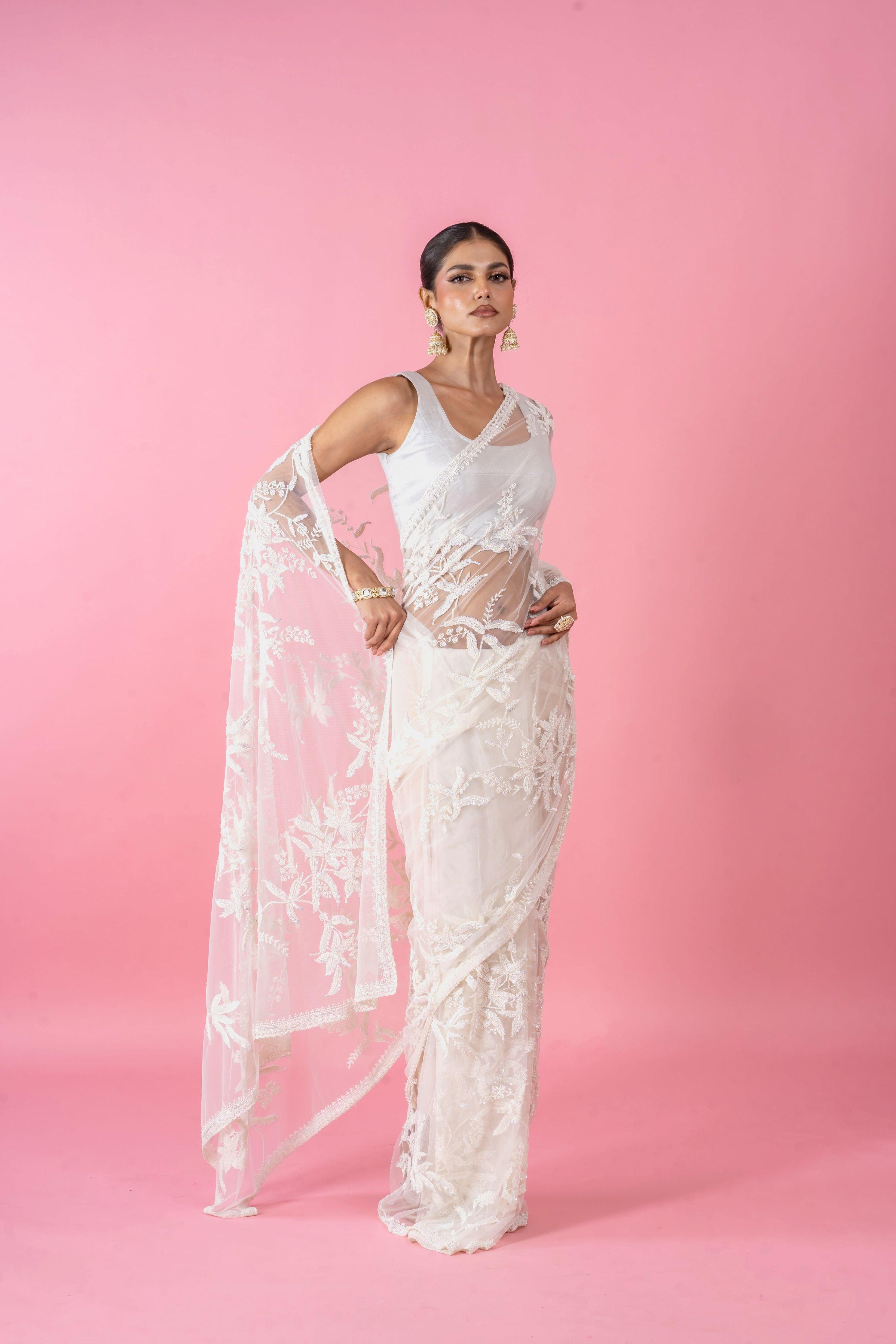 White Net Saree with Pearl and Sequins Embroidery Mokshaa