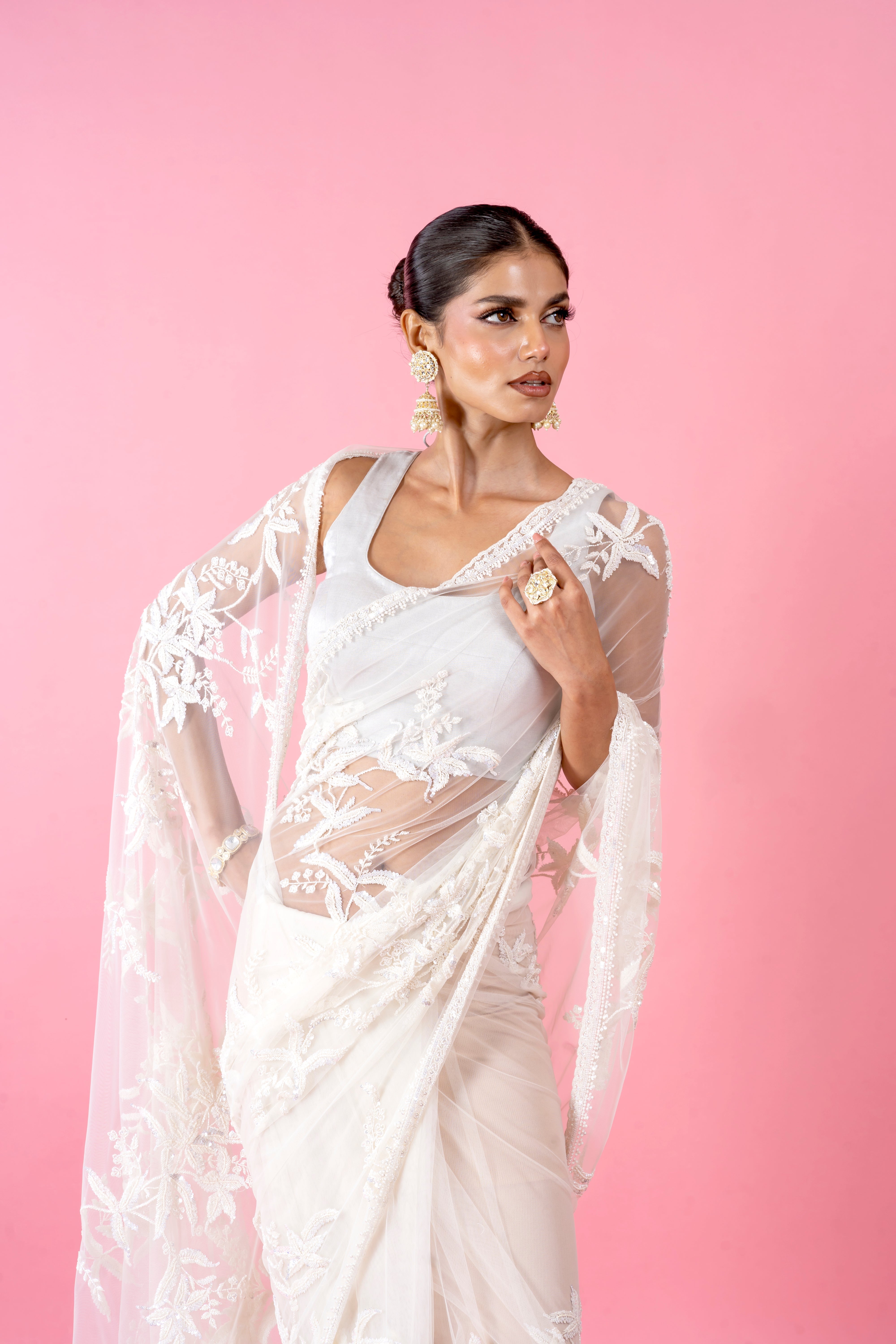 White Net Saree with Pearl and Sequins Embroidery Mokshaa