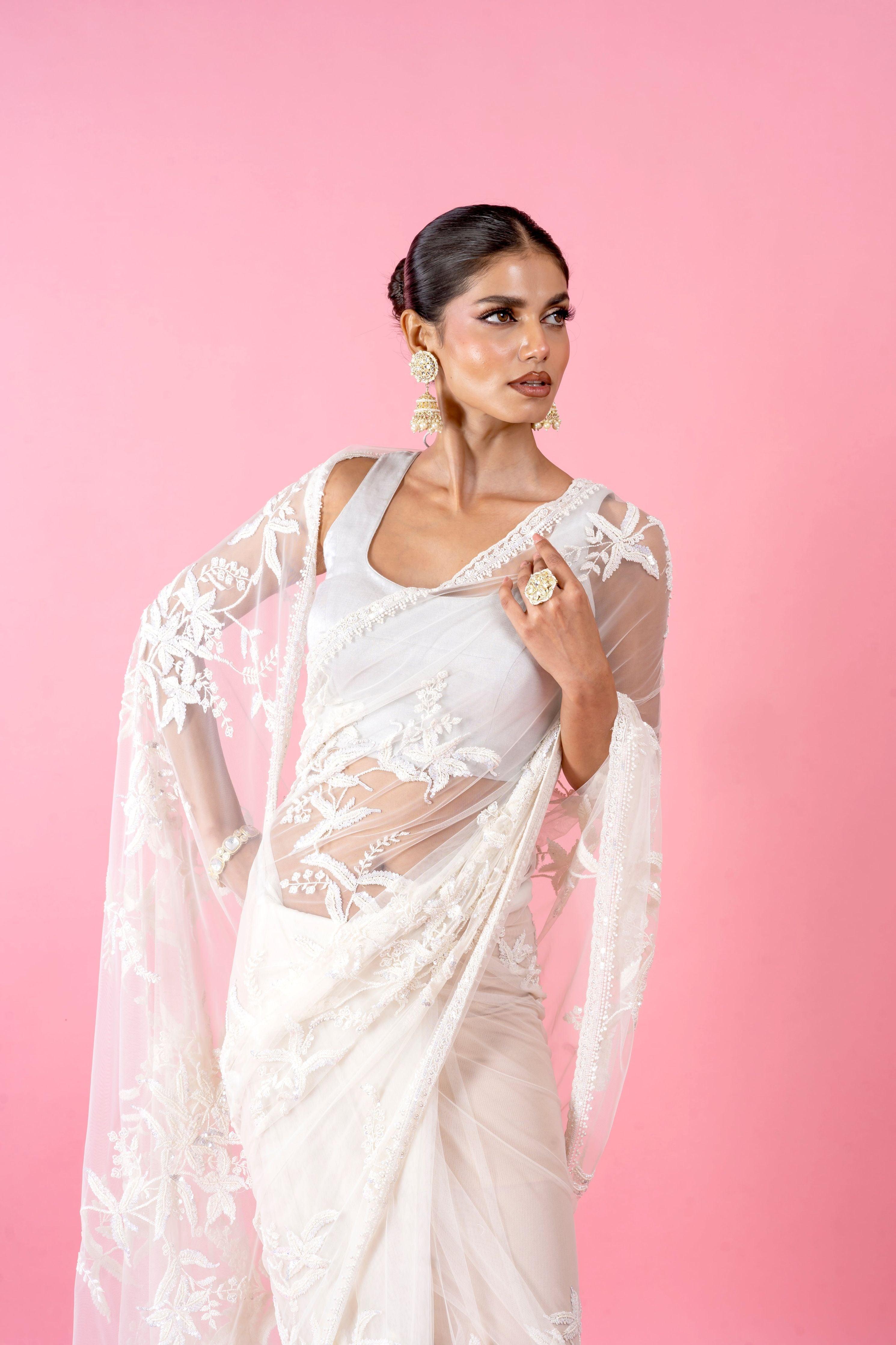 White Net Saree with Pearl and Sequins Embroidery Mokshaa