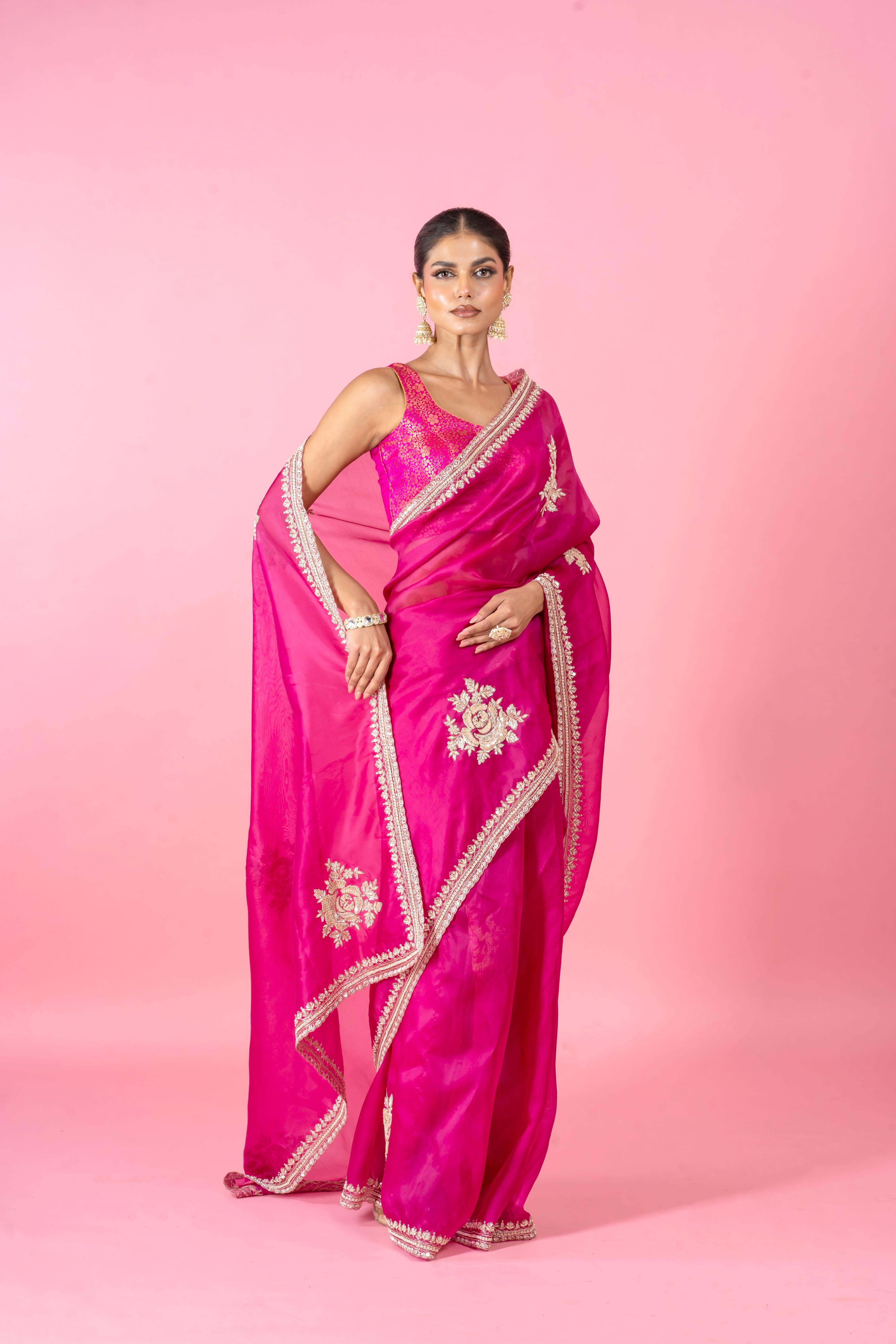 Bright Magenta Organza Saree with Zari Border and Intricate Floral Work Mokshaa