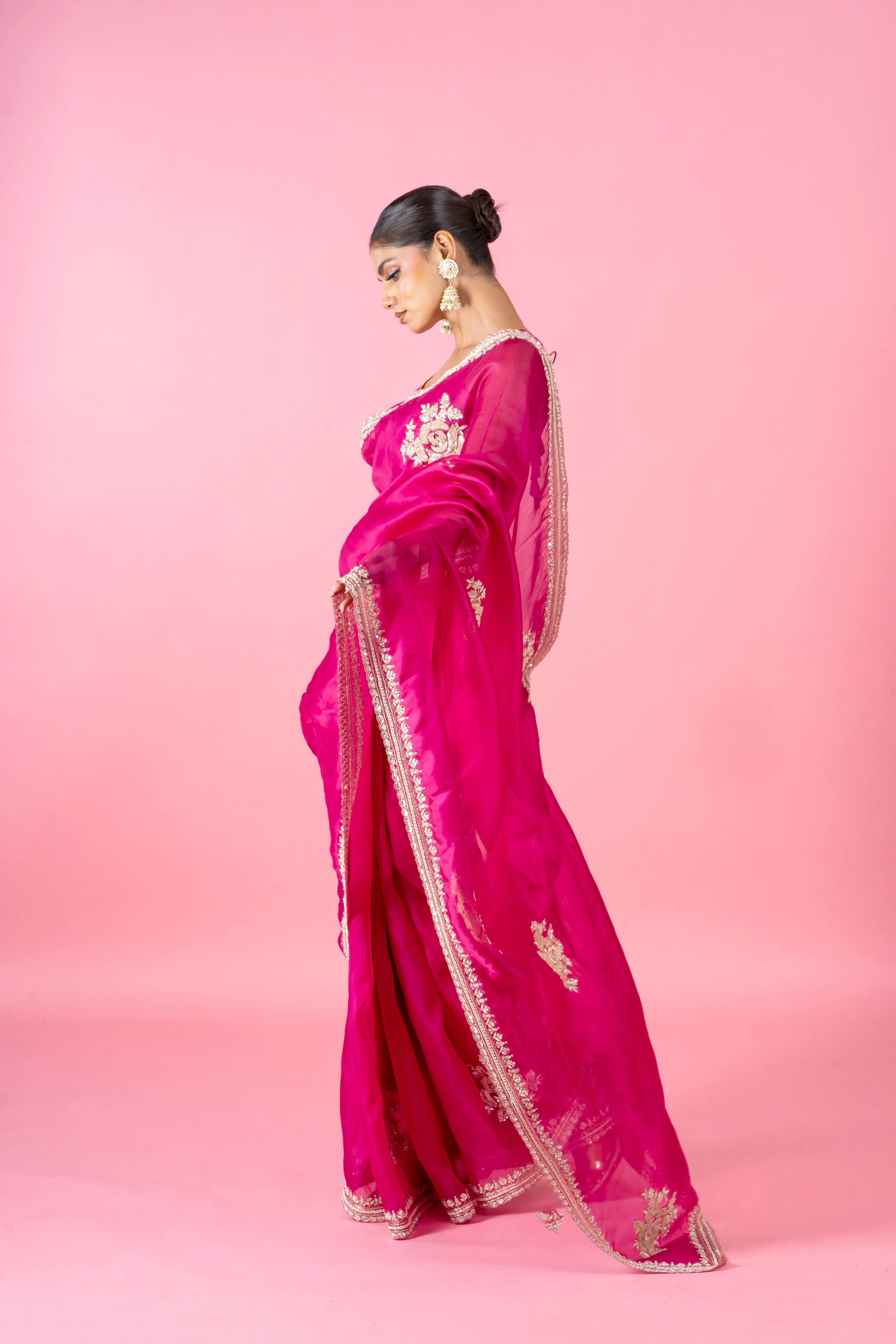Bright Magenta Organza Saree with Zari Border and Intricate Floral Work Mokshaa