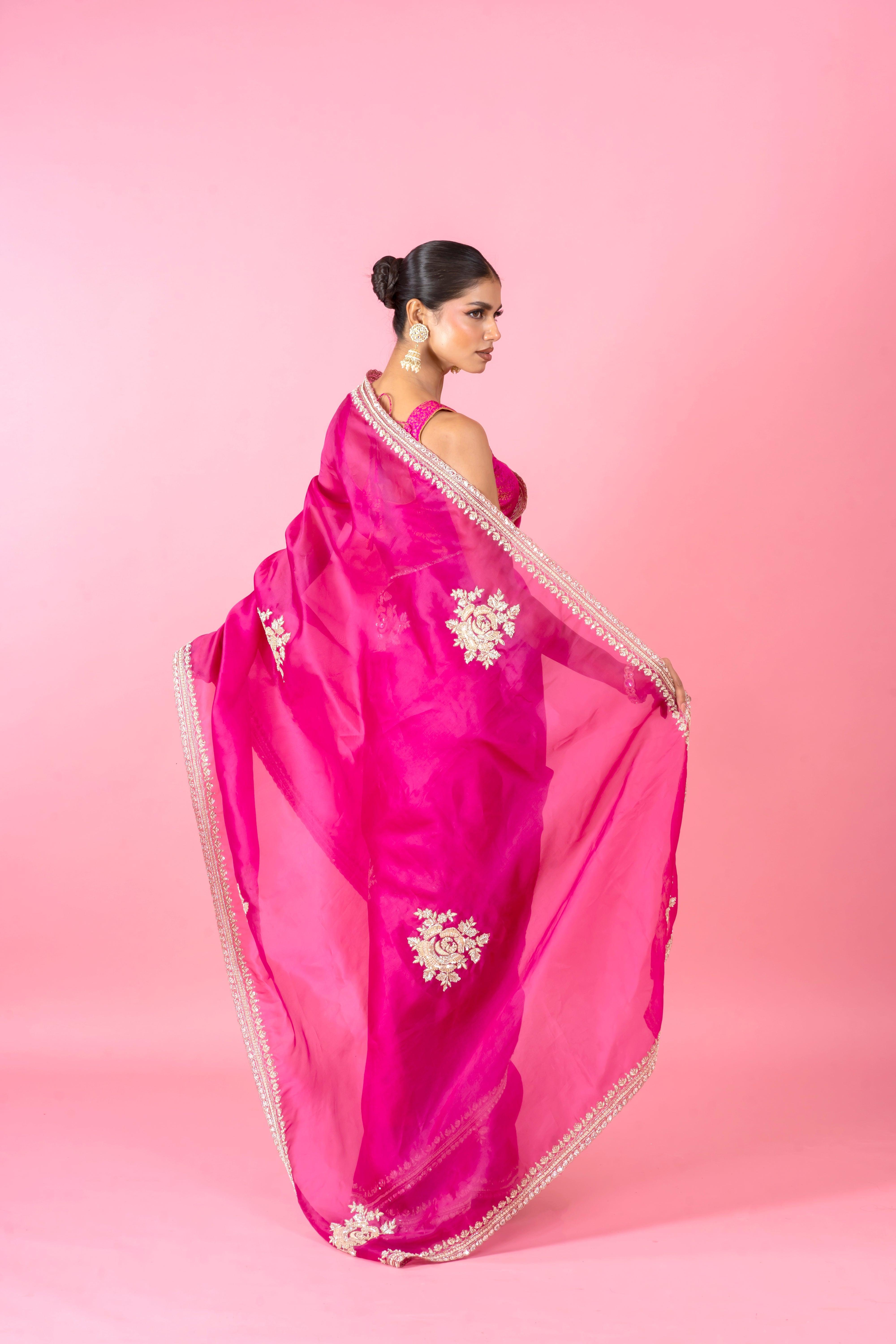 Bright Magenta Organza Saree with Zari Border and Intricate Floral Work Mokshaa