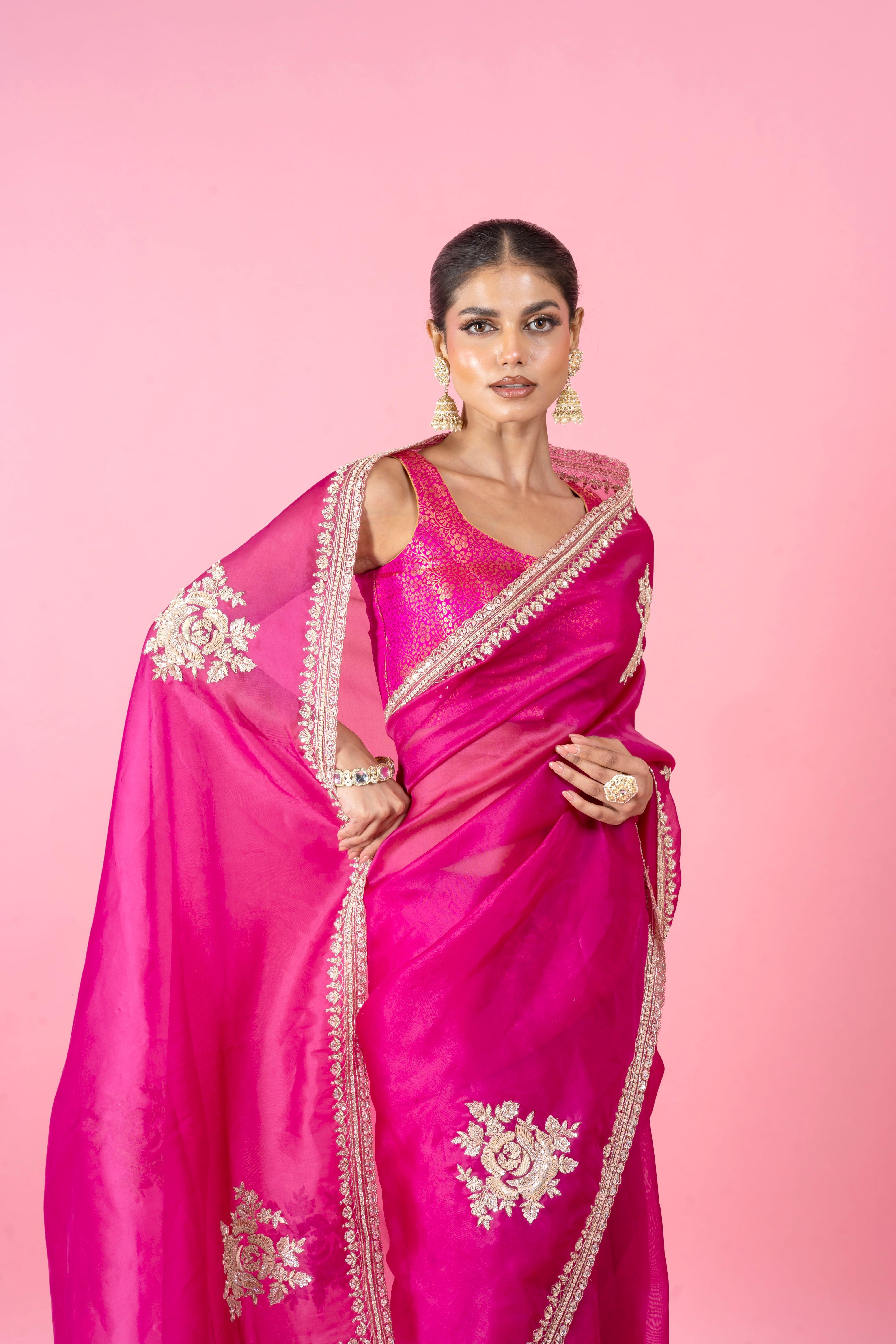 Bright Magenta Organza Saree with Zari Border and Intricate Floral Work Mokshaa