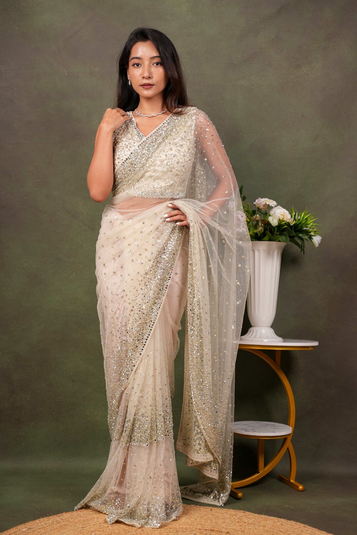 Off White Net Saree