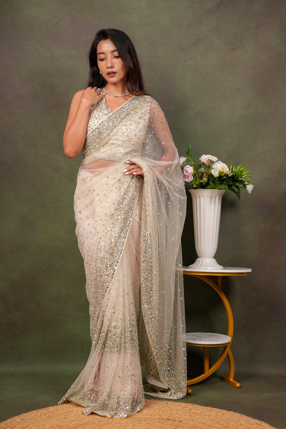Off White Net Saree