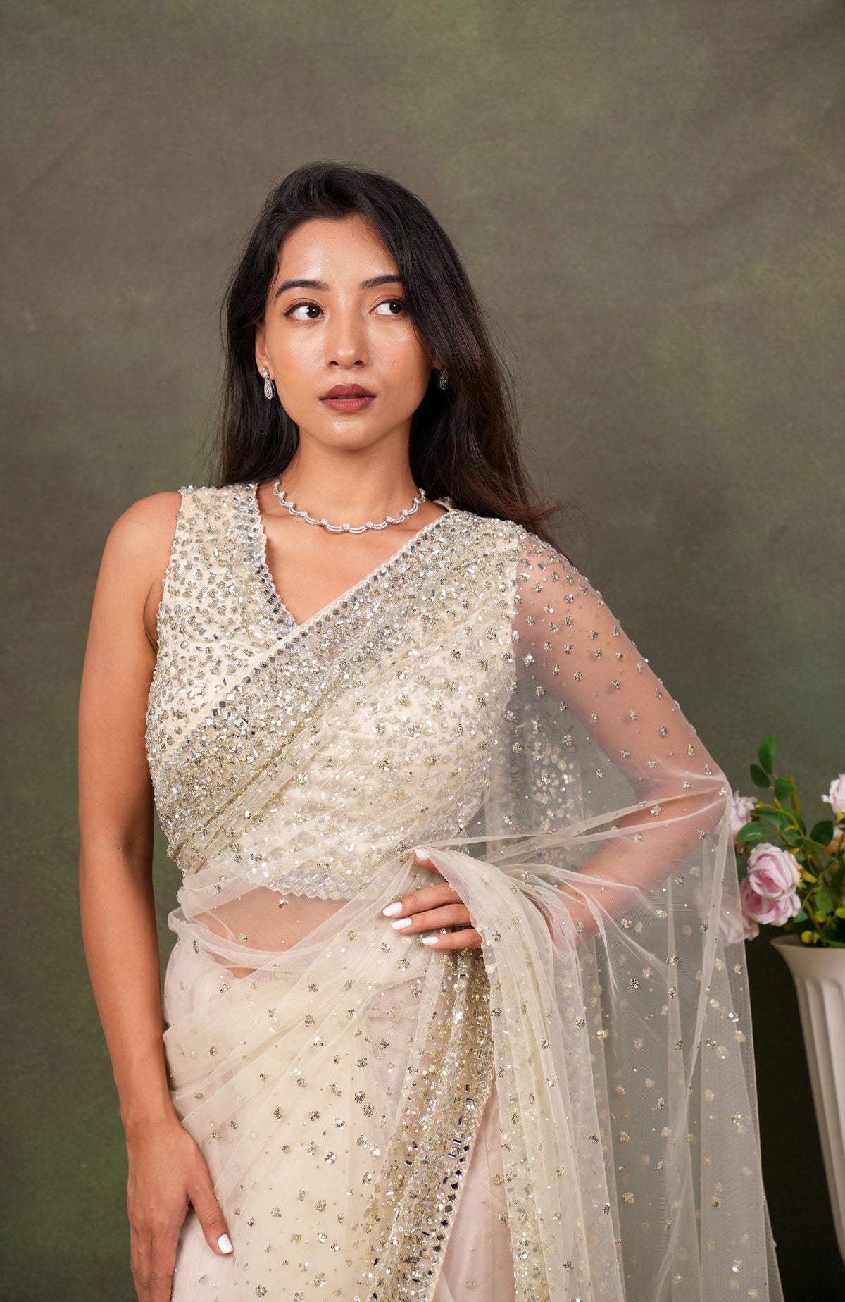 Off White Net Saree