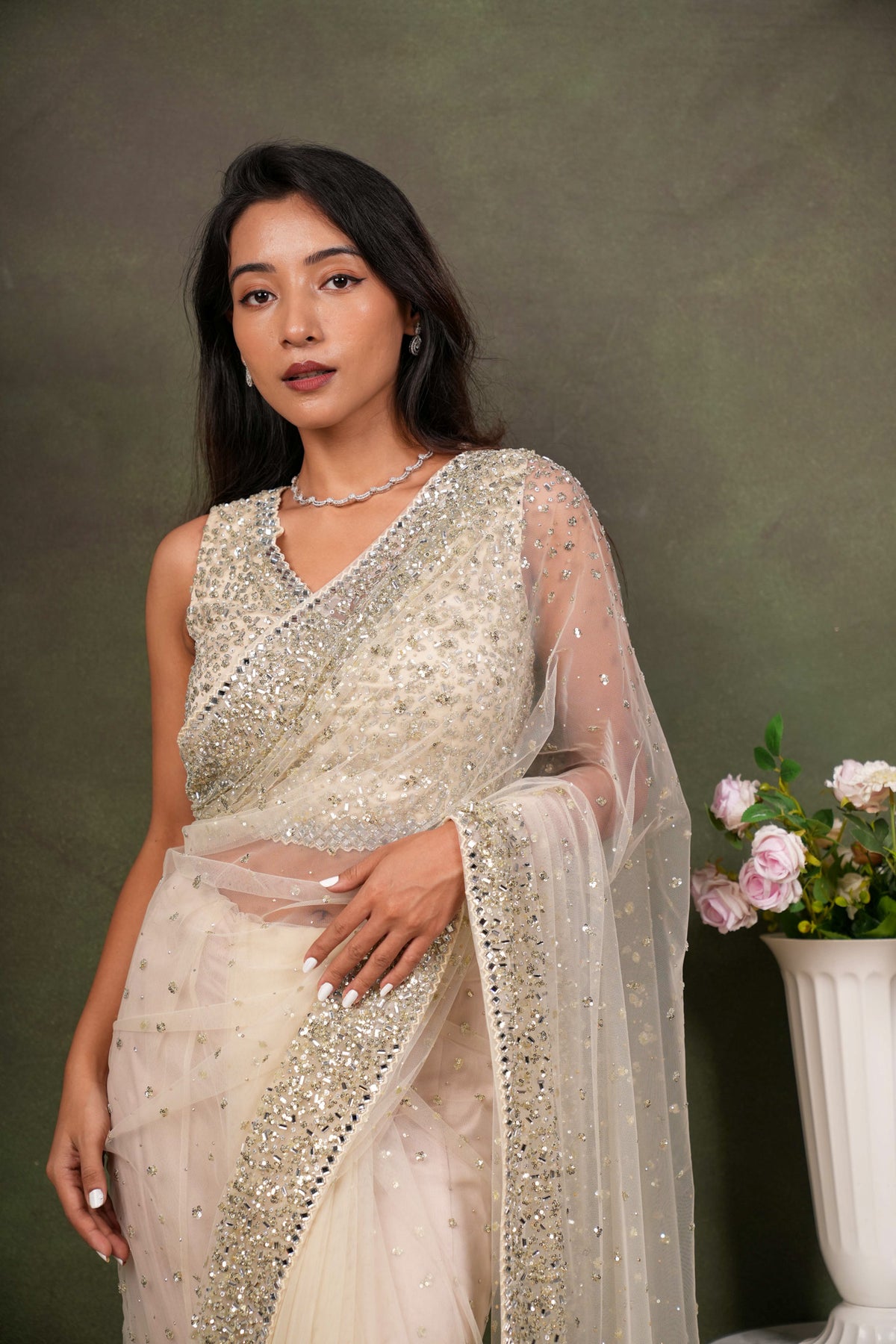 Off White Net Saree