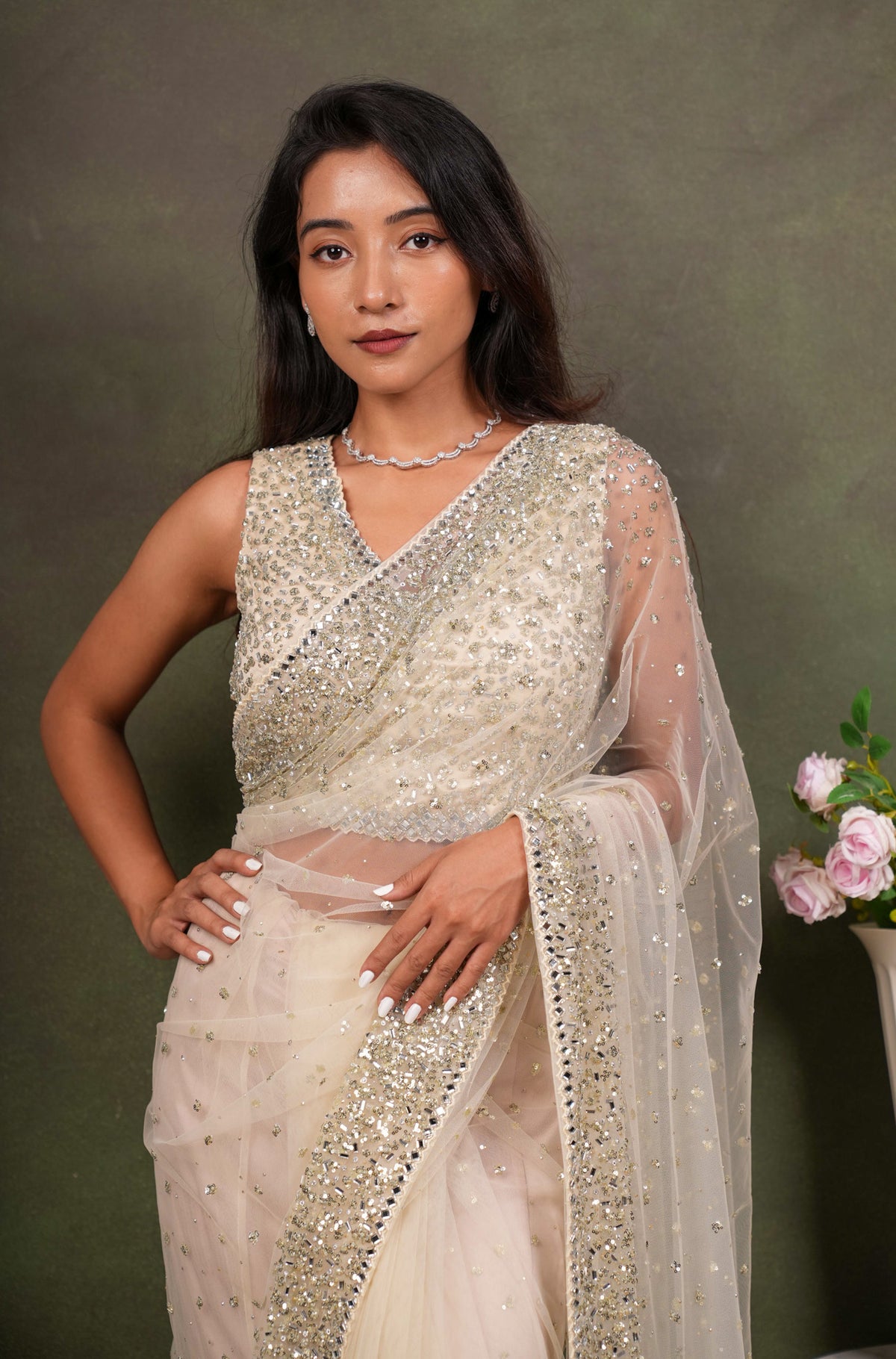 Off White Net Saree