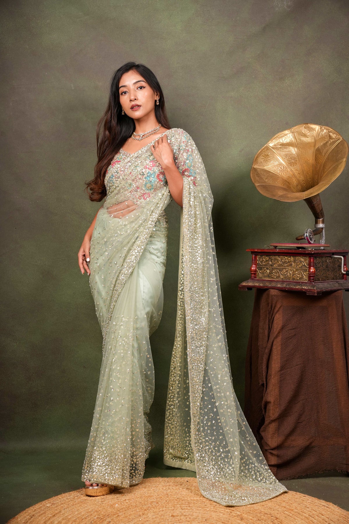 Pista Green Sequin Net Saree