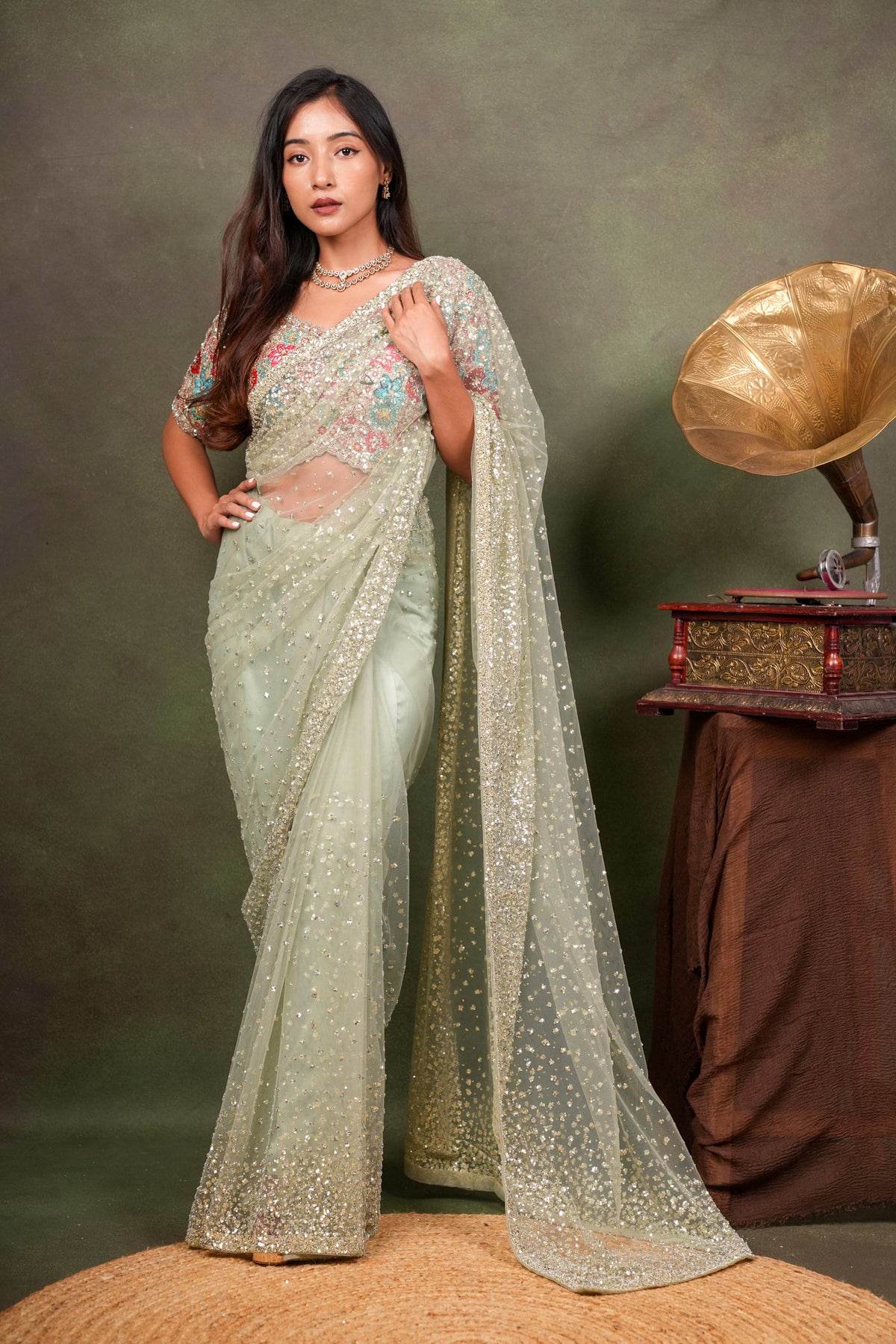Pista Green Sequin Net Saree