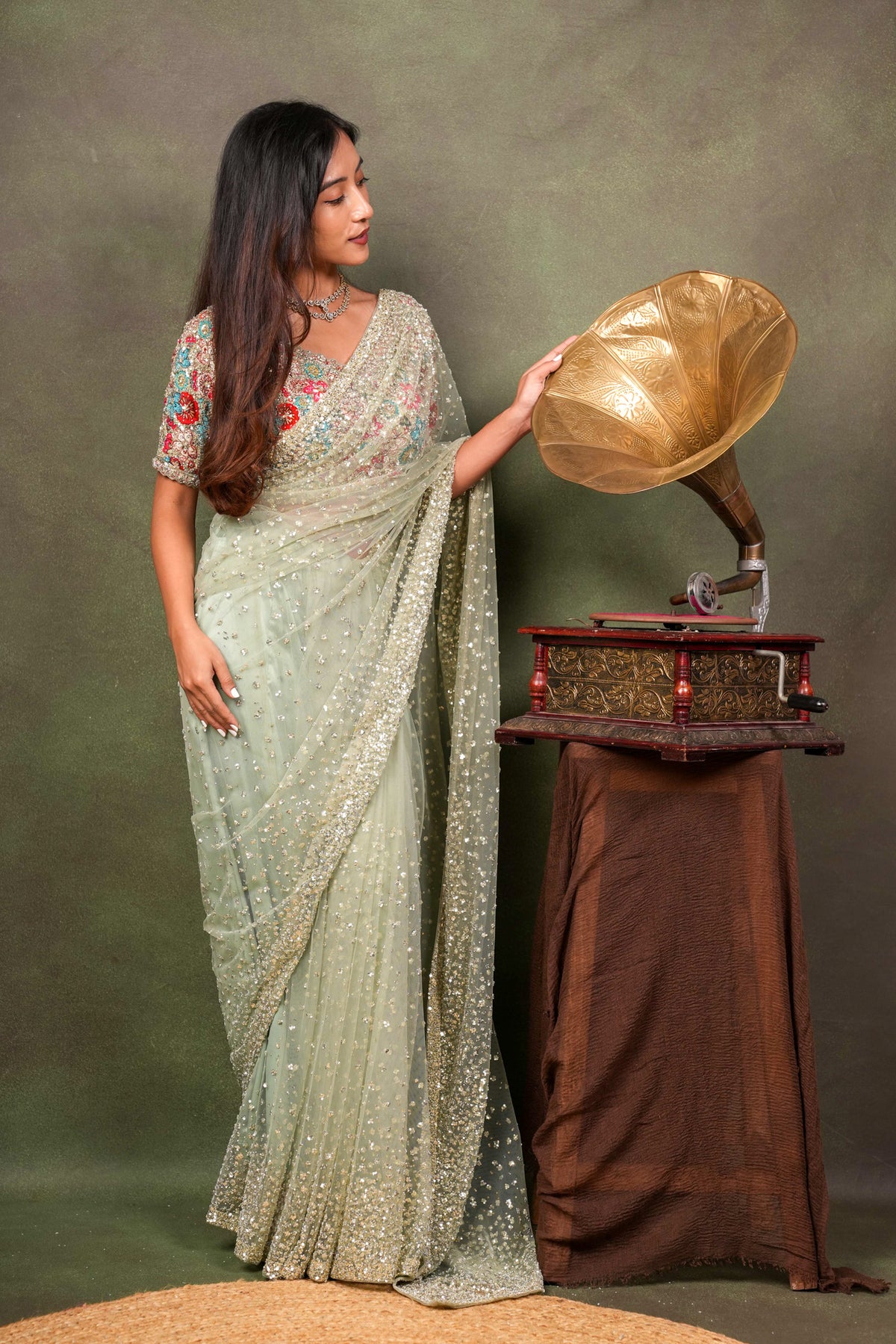 Pista Green Sequin Net Saree